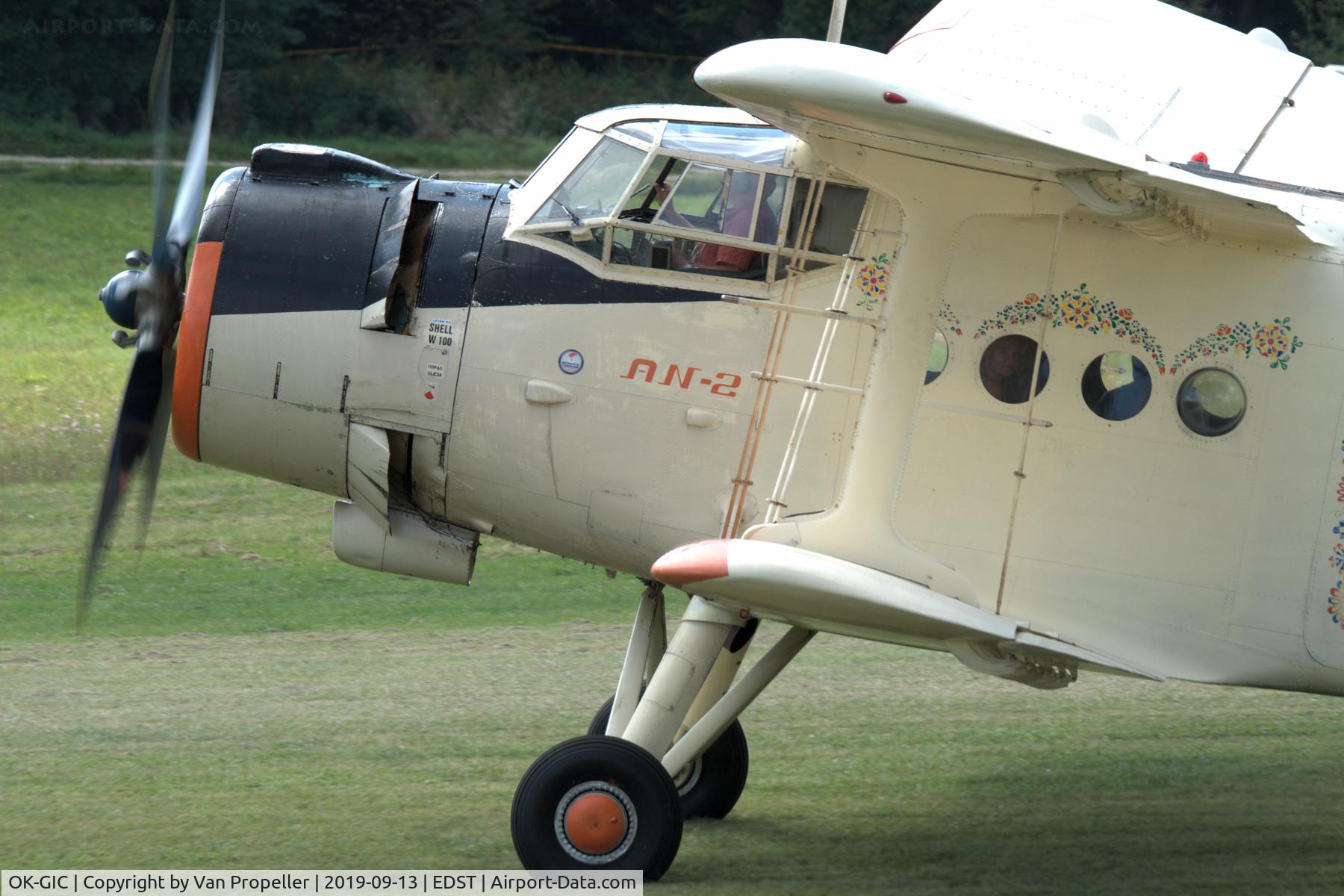 OK-GIC, 1976 Antonov (PZL-Mielec) AN-2T C/N 1G168-03, Antonov (PZL-Mielec) An-2TD taxiing at Hahnweide airfield, Germany. Note the elaborate paint-work on the fuselage! OTT 2019