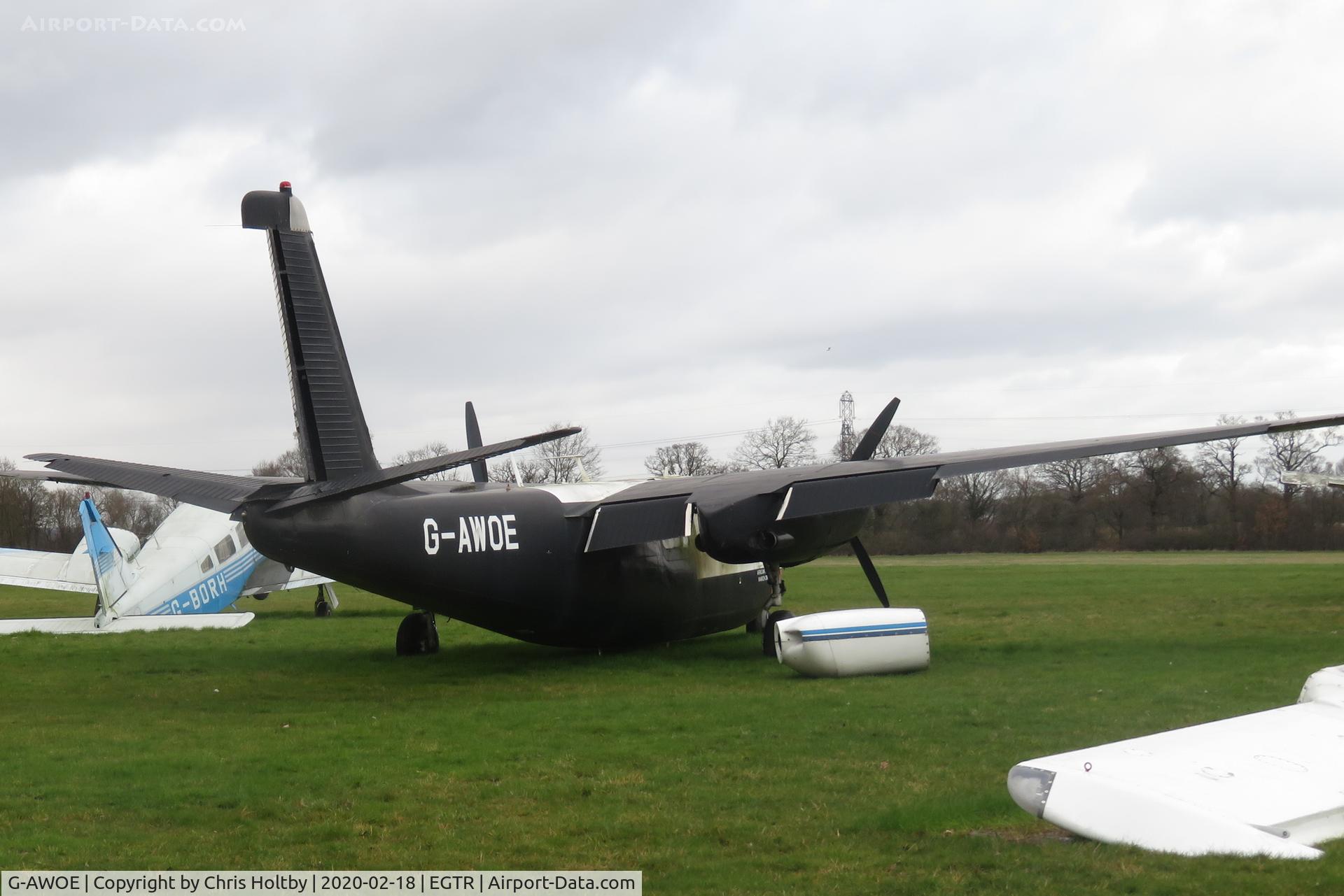G-AWOE, 1959 Aero Commander 680E Commander C/N 680E-753-41, 1959 Aero Commander has lost its nose and rudder as it rots in the Elstree graveyard