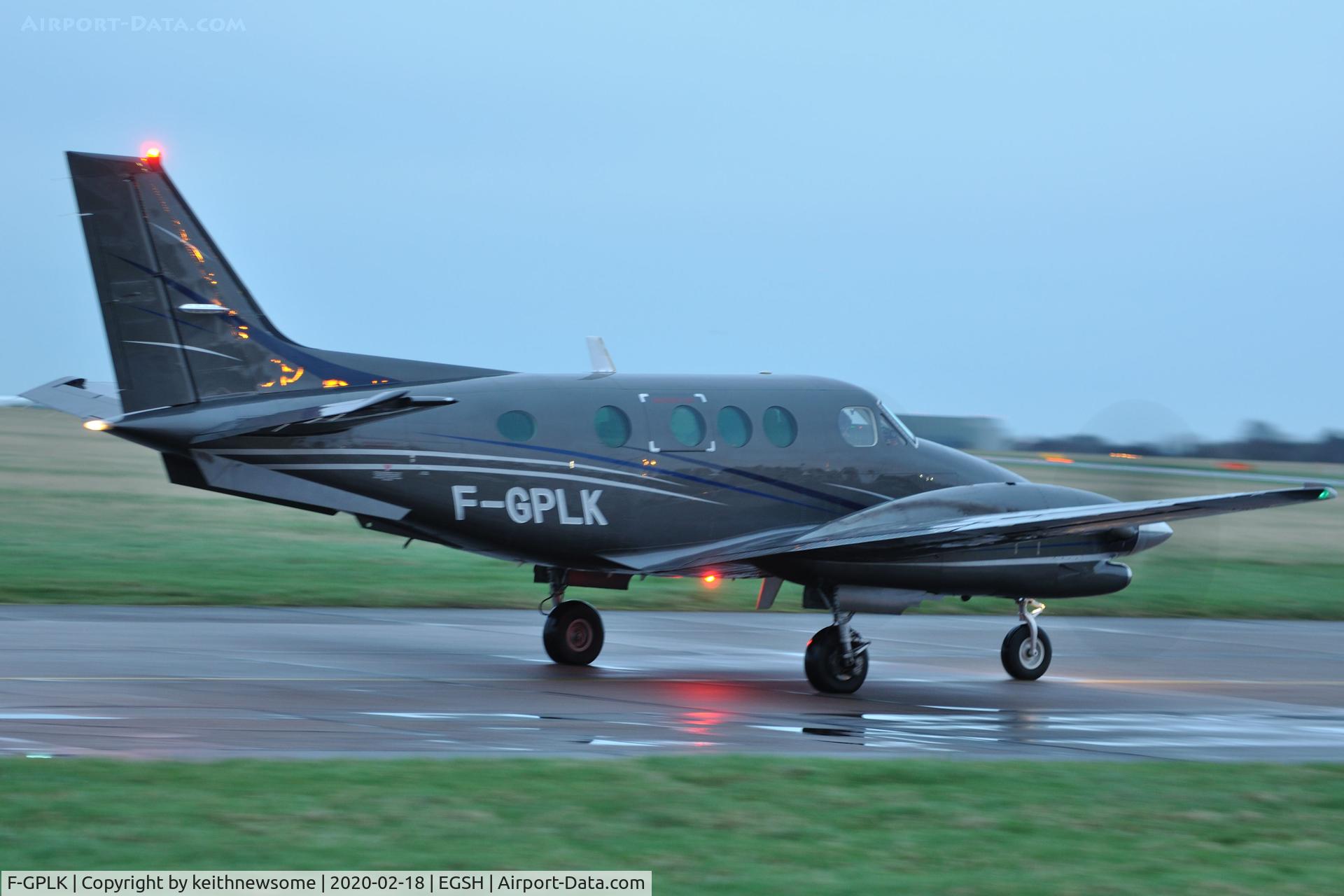 F-GPLK, 1995 Beech C90A King Air King Air C/N LJ-1391, Leaving wet Norwich for Toulouse, France.