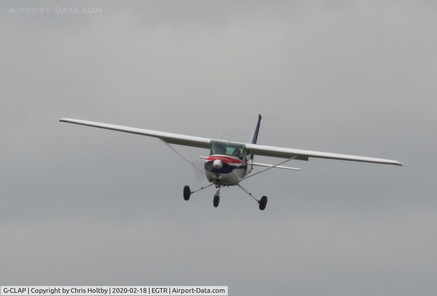G-CLAP, 1978 Cessna 152 C/N 15281555, Struggling in the cross-wind on final approach to land at its home base at Elstree
