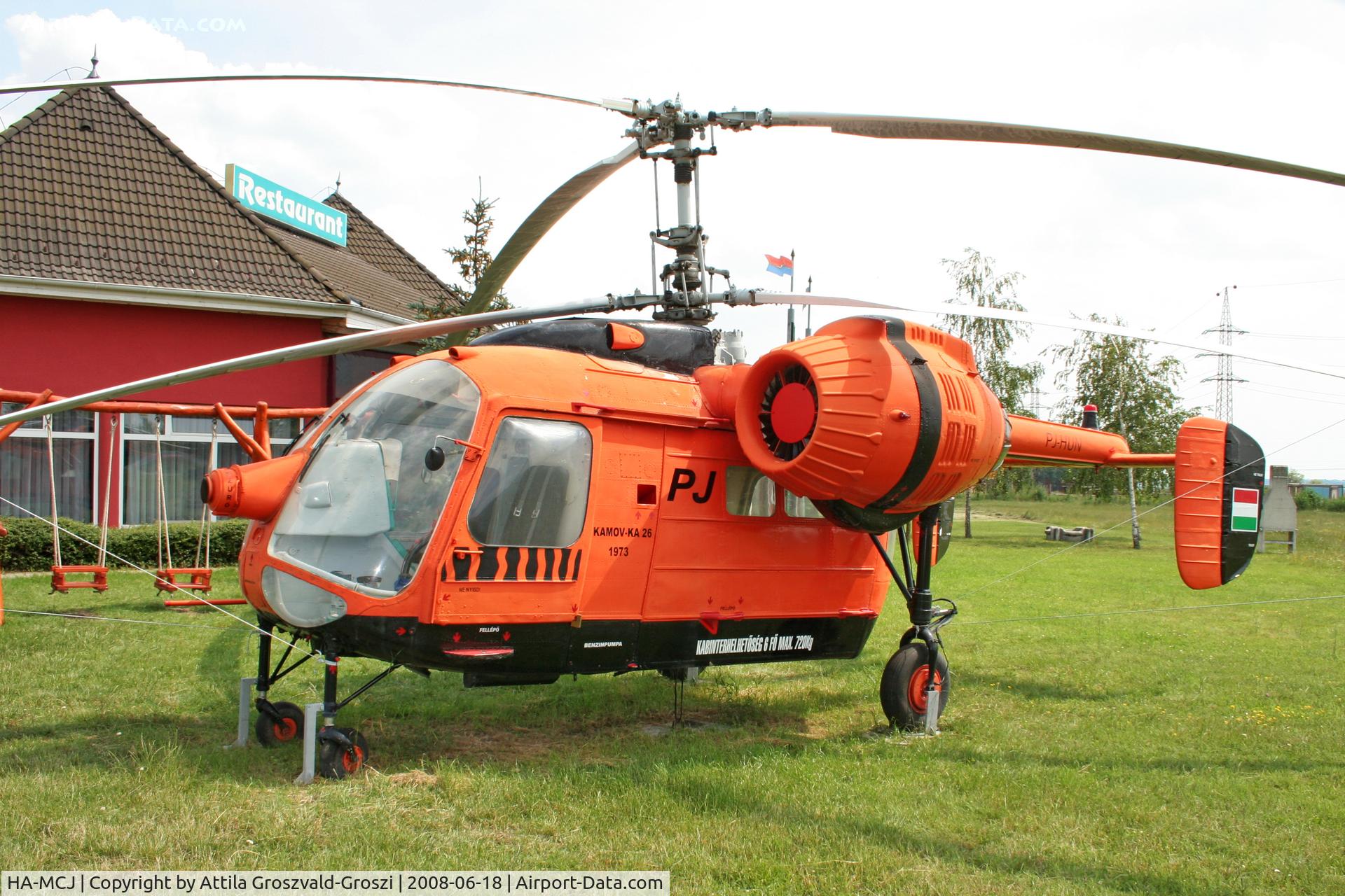 HA-MCJ, 1973 Kamov Ka-26 Hoodlum C/N 7303502, HA-MCJ register Kamov Ka-26 helicopters, now PJ-HUN register, exhibited on Hungary, in Székesfehérvár border, at the restaurant beside the PJ petrol station.