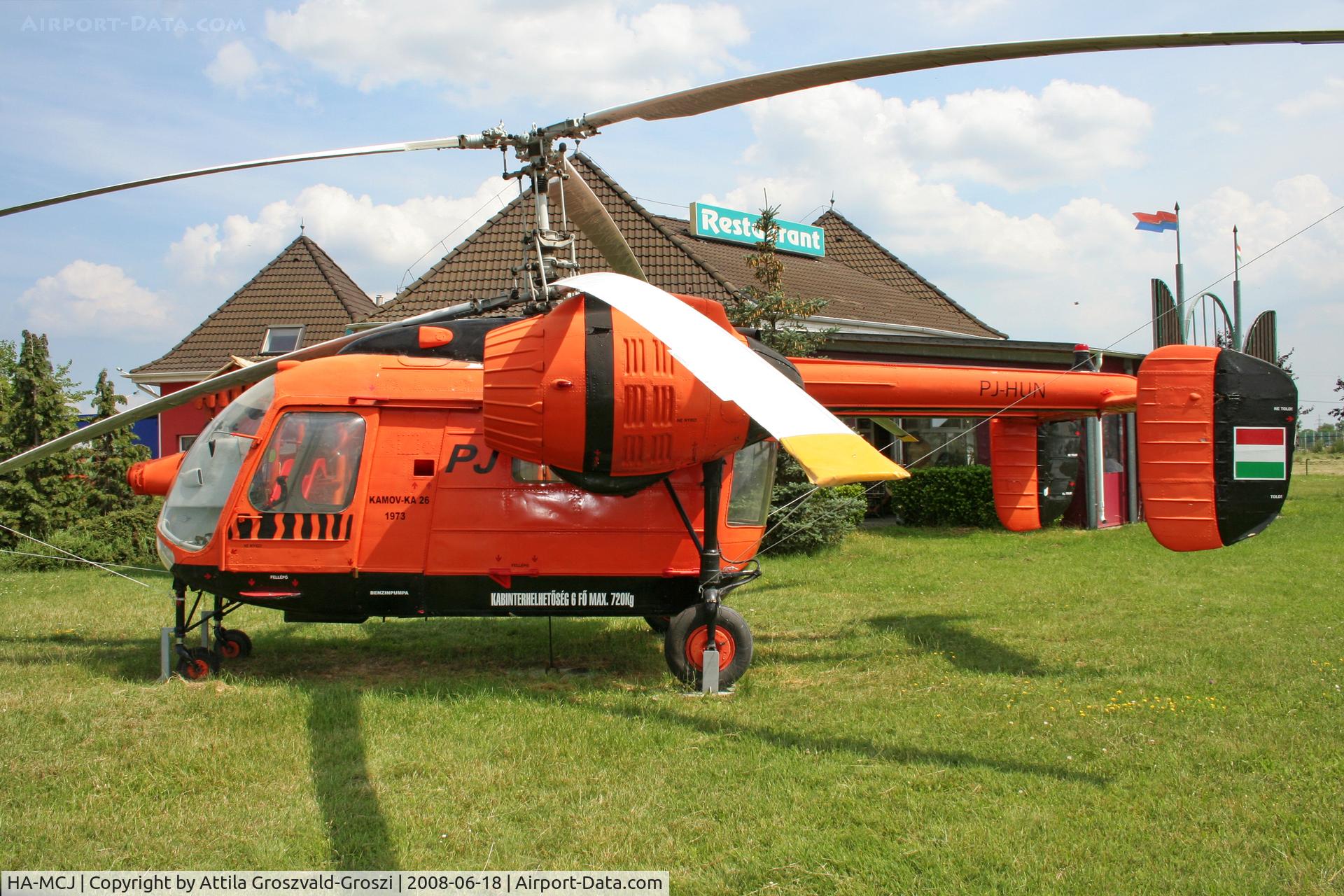 HA-MCJ, 1973 Kamov Ka-26 Hoodlum C/N 7303502, HA-MCJ register Kamov Ka-26 helicopters, now PJ-HUN register, exhibited on Hungary, in Székesfehérvár border, at the restaurant beside the PJ petrol station.