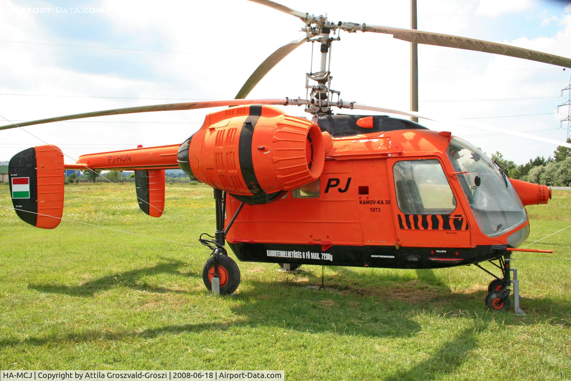 HA-MCJ, 1973 Kamov Ka-26 Hoodlum C/N 7303502, HA-MCJ register Kamov Ka-26 helicopters, now PJ-HUN register, exhibited on Hungary, in Székesfehérvár border, at the restaurant beside the PJ petrol station.