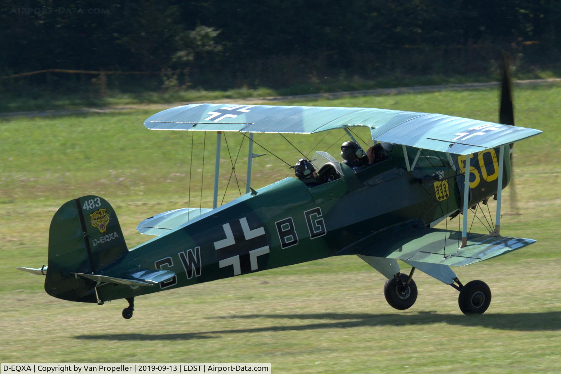 D-EQXA, 1950 CASA 1-131E Jungmann C/N 1052, CASA 1.131E Jungmann landing at Hahnweide airfield, Germany. Ott 2019. Part of Quax-Flieger collection
