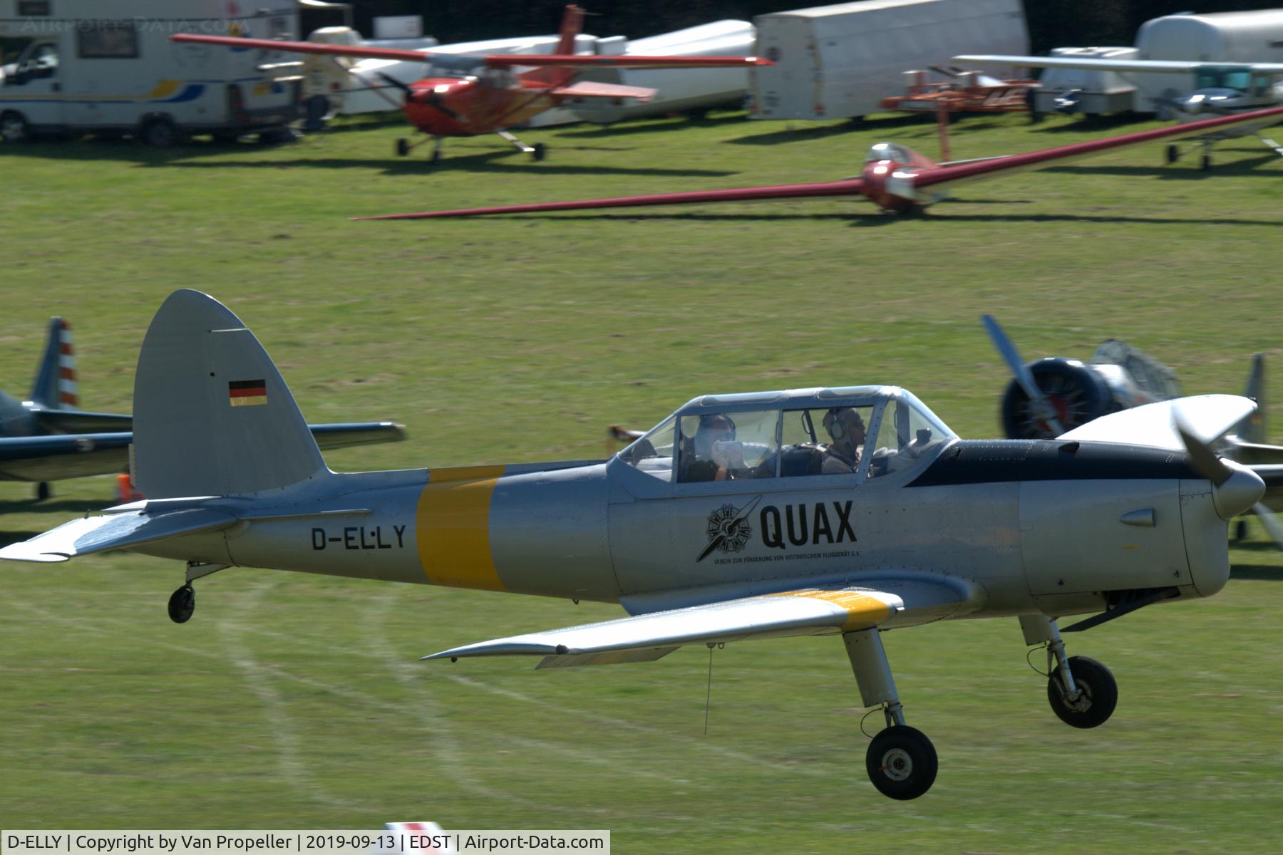 D-ELLY, 1950 De Havilland DHC-1 Chipmunk 22 C/N C1/0584, De Havilland Canada DHC-1 Chipmunk Mk.22 landing at Hahnweide airfield, Germany. OTT 2019. Part of the Quax-Flieger collection