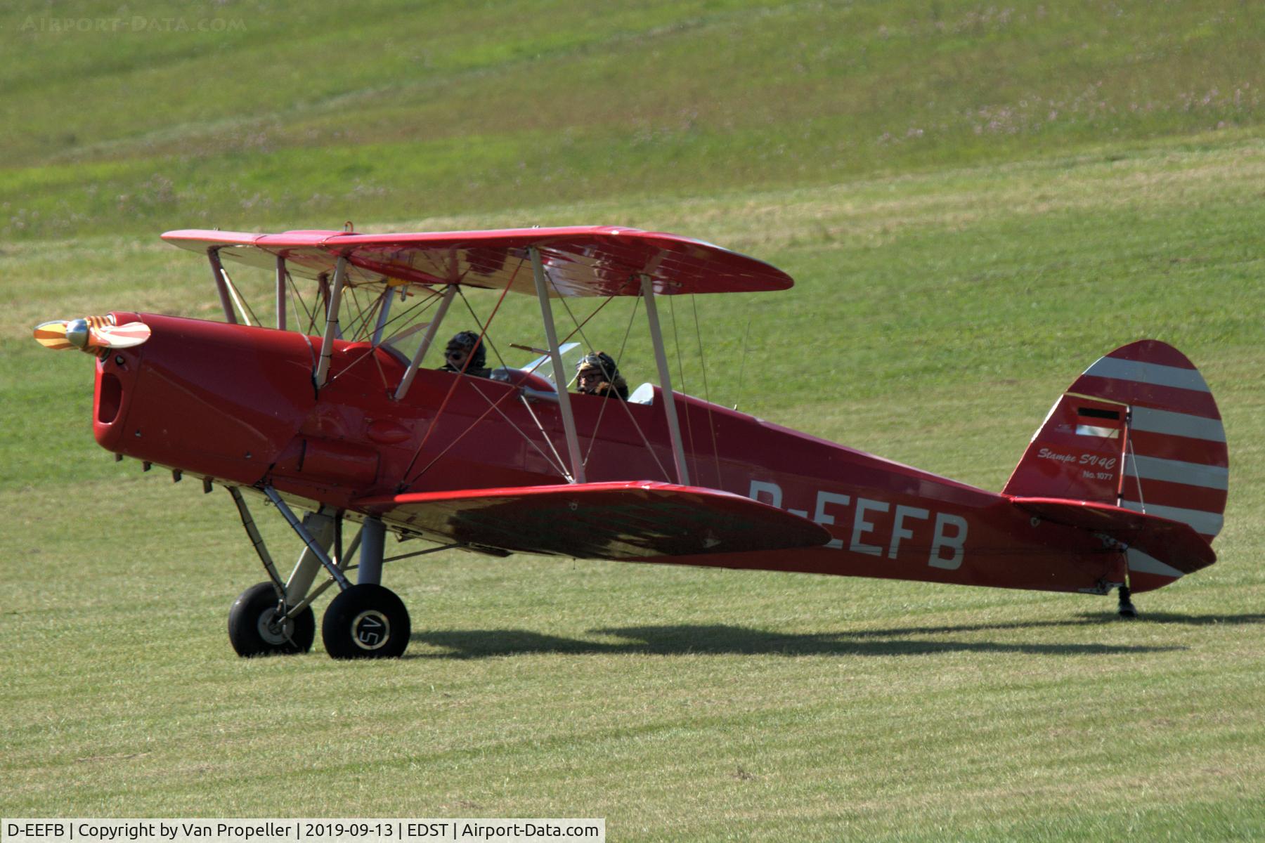 D-EEFB, 1949 Stampe-Vertongen SV-4C C/N 1077, Stampe-Vertongen SV-4C after landing, stranded on the runway after ground-loop at Hahnweide airfield, Germany. OTT 2019.
Note: engine off, fortunately no damage