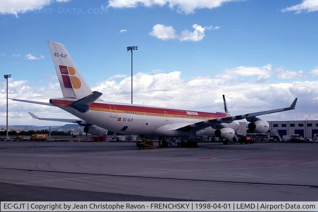 EC-GJT, 1996 Airbus A340-313 C/N 145, rrg 11/1996 damaged 5/20/1998 JNB struck by Intensive Air HS-748 (ZS-XGY) while parked on remote stand. Was inaugural IB flight to JNB, wfu MAD late 2013, WFU Oct 2016.Broken up.