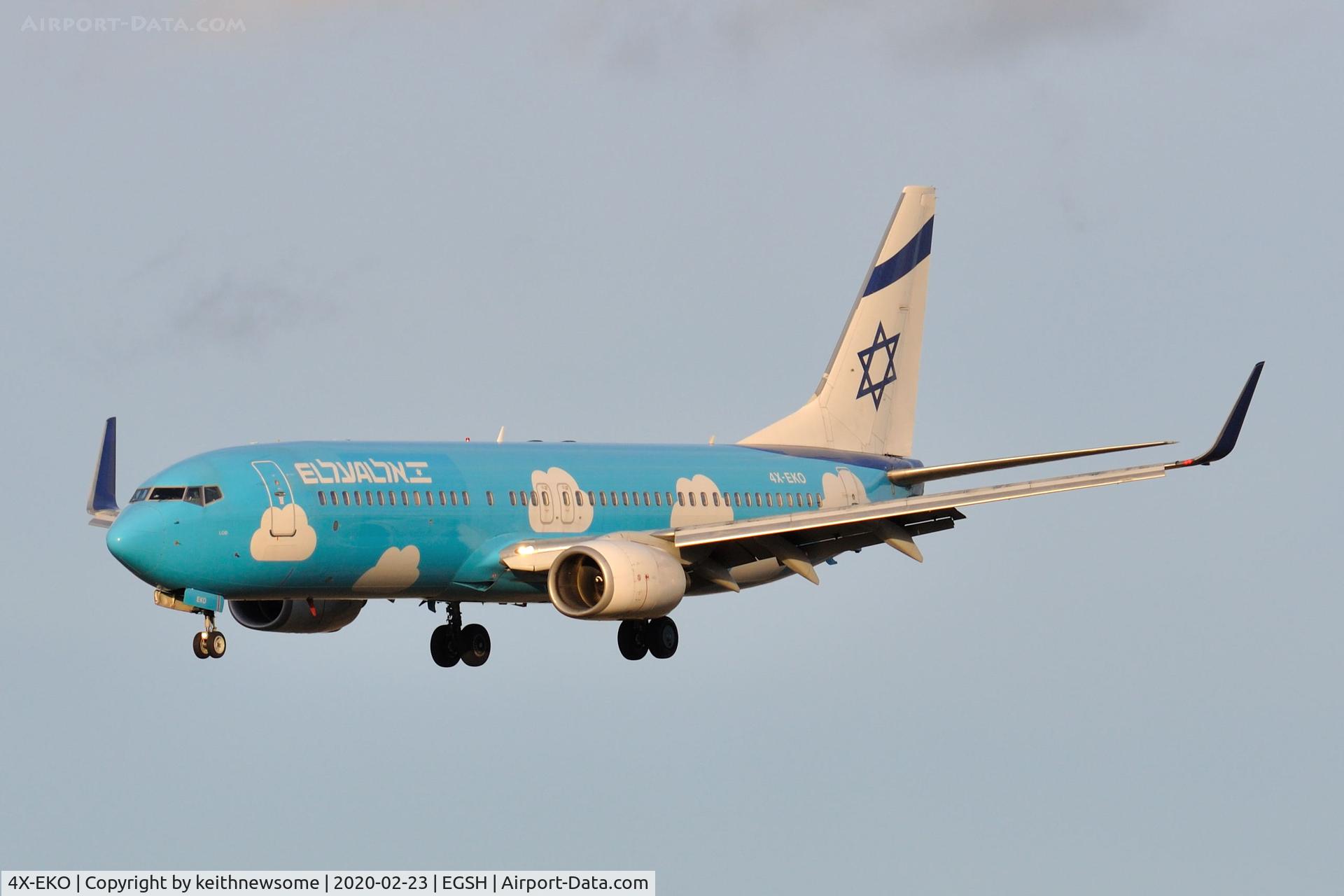 4X-EKO, 2003 Boeing 737-86Q C/N 30287, Arriving at Norwich from Heathrow.