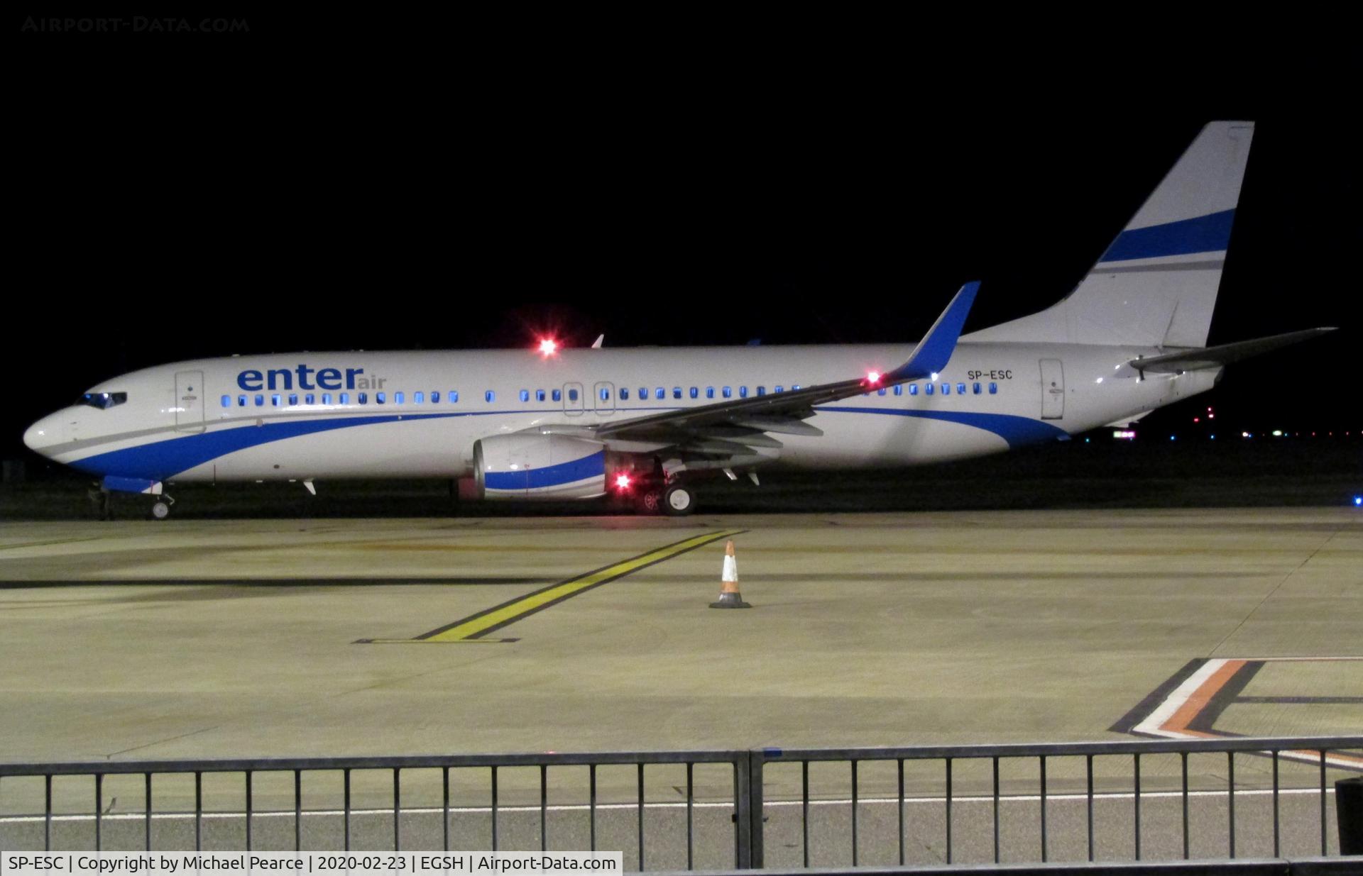SP-ESC, 2001 Boeing 737-8AS C/N 29933, Departing to Doncaster/Sheffield (DSA) after performing northern lights flights to Finland.