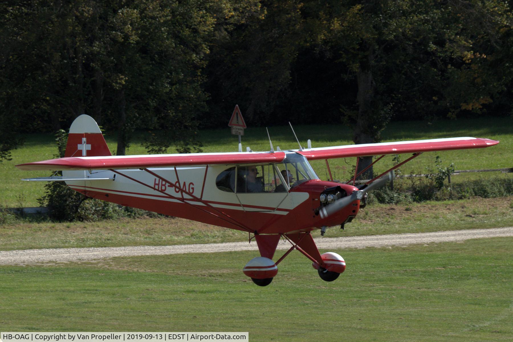 HB-OAG, 1944 Piper L-4J Grasshopper (J3C-65D) C/N 12897, Piper L-4J Grasshopper landing at Hahnweide airfield, Germany. OTT 2019