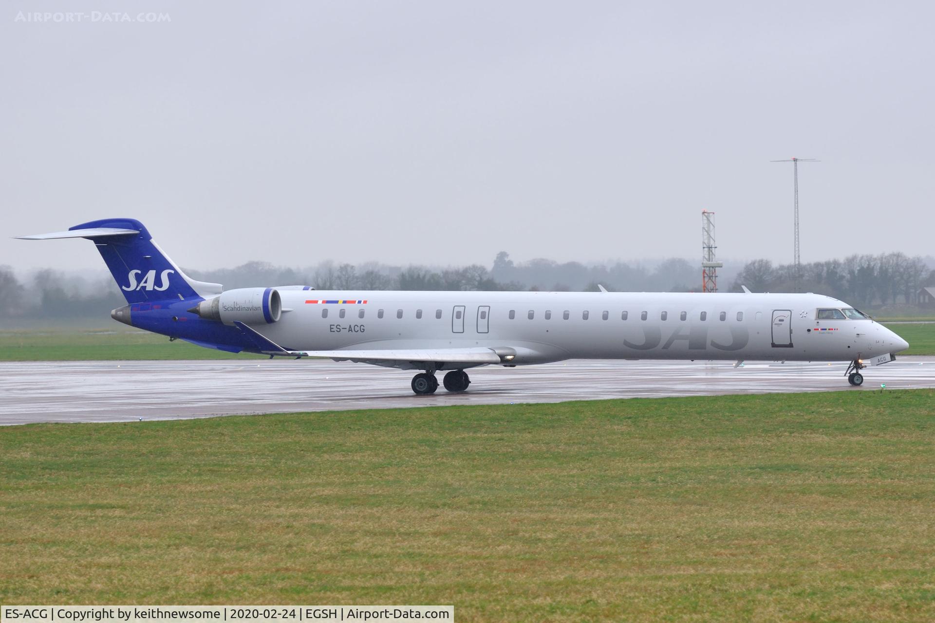 ES-ACG, 2012 Bombardier CRJ-900 NG (CL-600-2D24) C/N 15277, Leaving Norwich for Ljubljana, Slovenia. Following respray to SAS colour scheme.