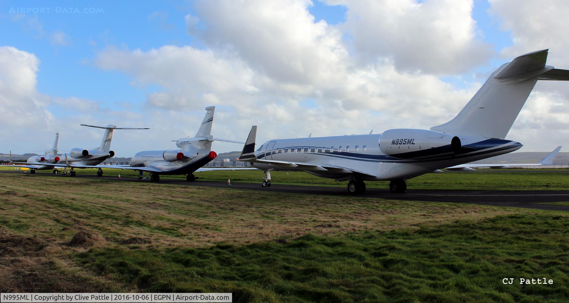 N995ML, 2008 Bombardier BD-700-1A10 Global Express C/N 9322, Parked at Dundee Riverside Airport EGPN, on the taxyway,  for the Annual Golf Dunhill Links Championships, held at nearby St Andrews.