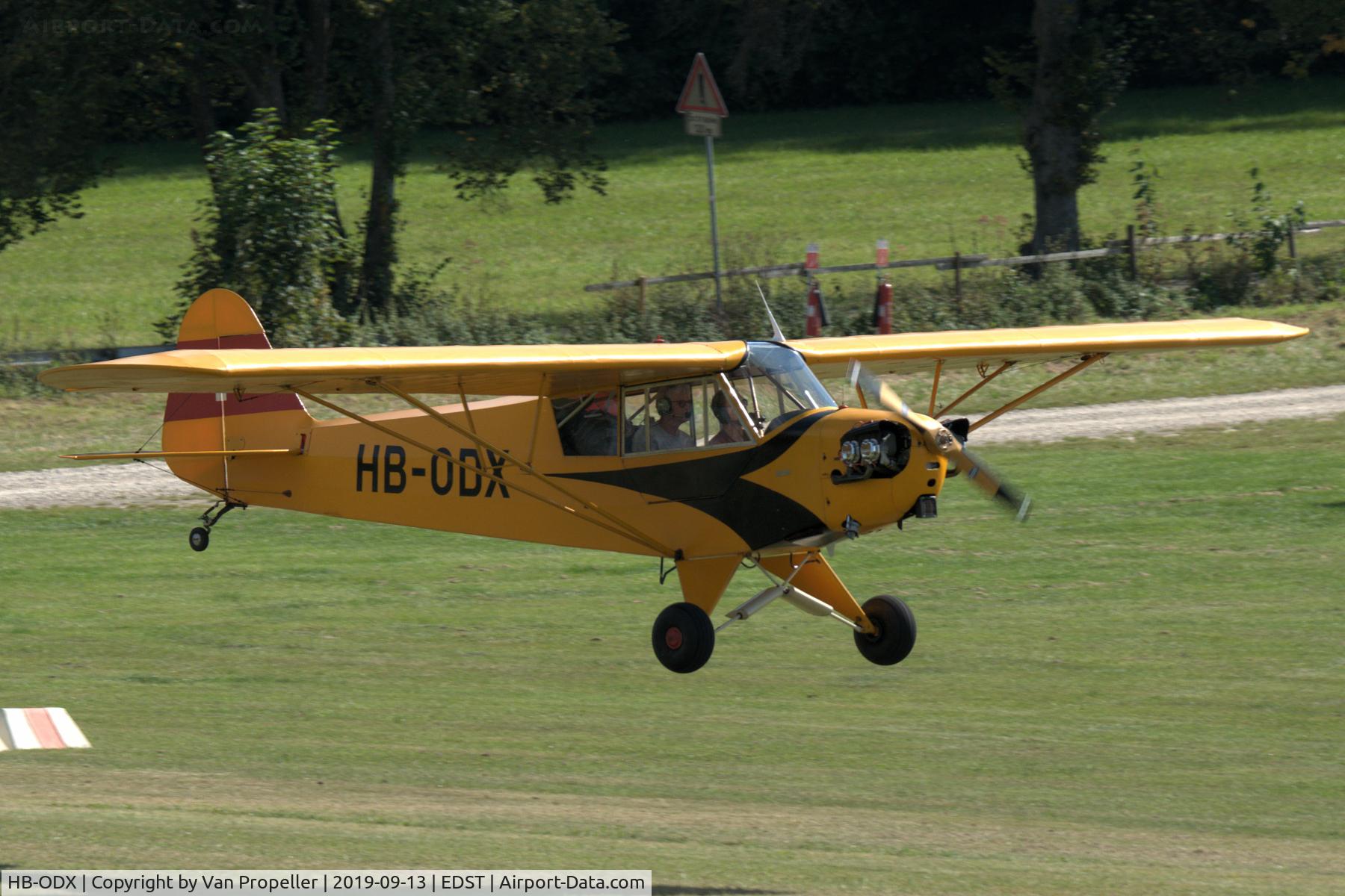 HB-ODX, 1944 Piper L-4J Grasshopper (J3C-65D) C/N 13130, Piper L-4J Grasshopper (J3C-65D Cub) landing at Hahnweide airfield, Germany. OTT 2019