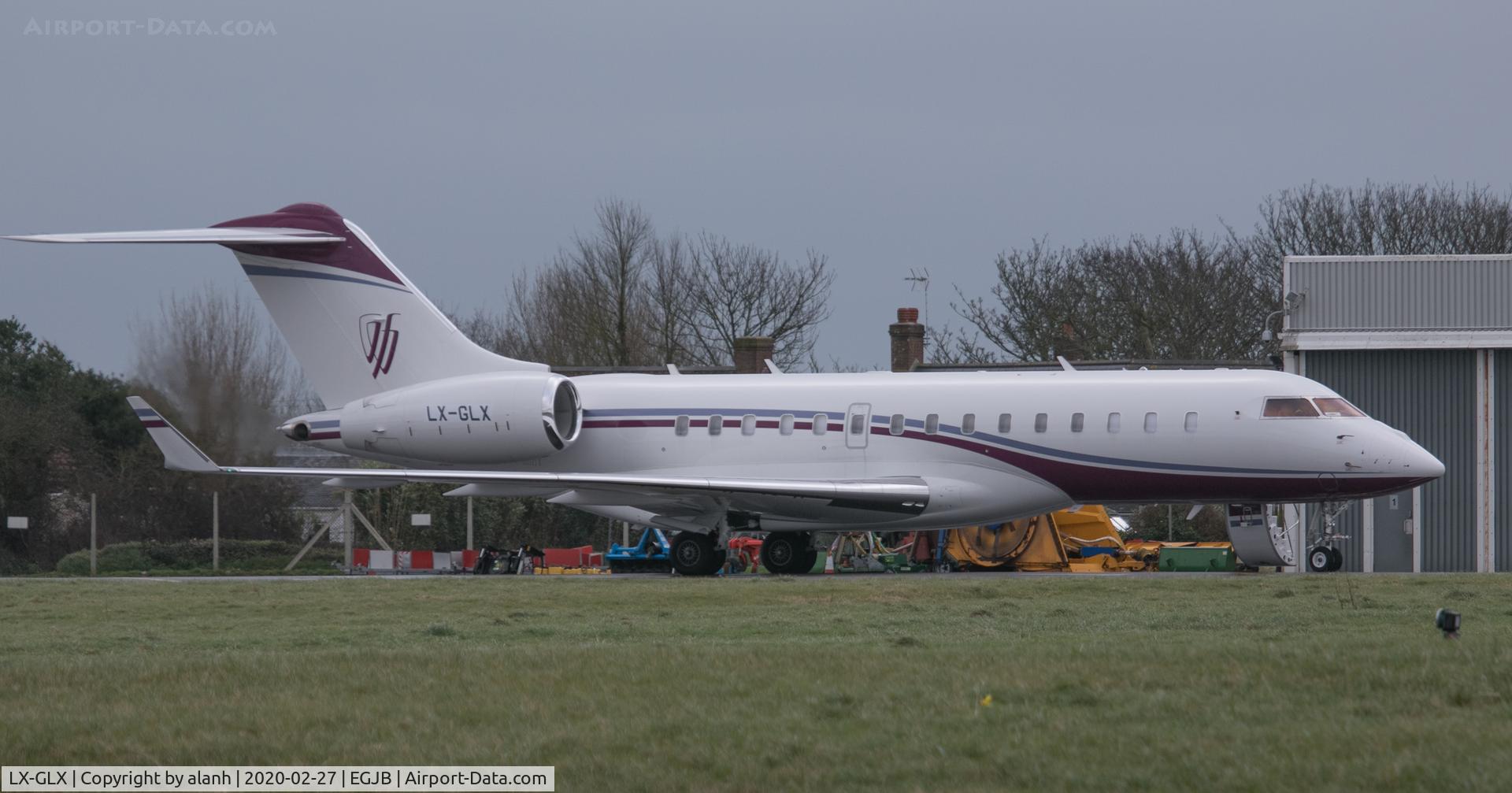 LX-GLX, 2013 Bombardier BD-700-1A10 Global 6000 C/N 9590, Parked at Guernsey following a registration change (from M-YVVF)