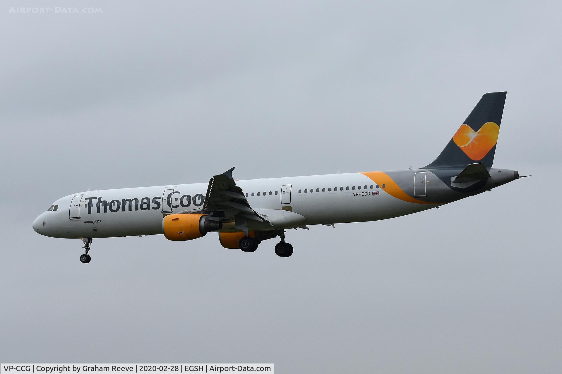VP-CCG, 2002 Airbus A321-211 C/N 1887, Landing at Norwich.