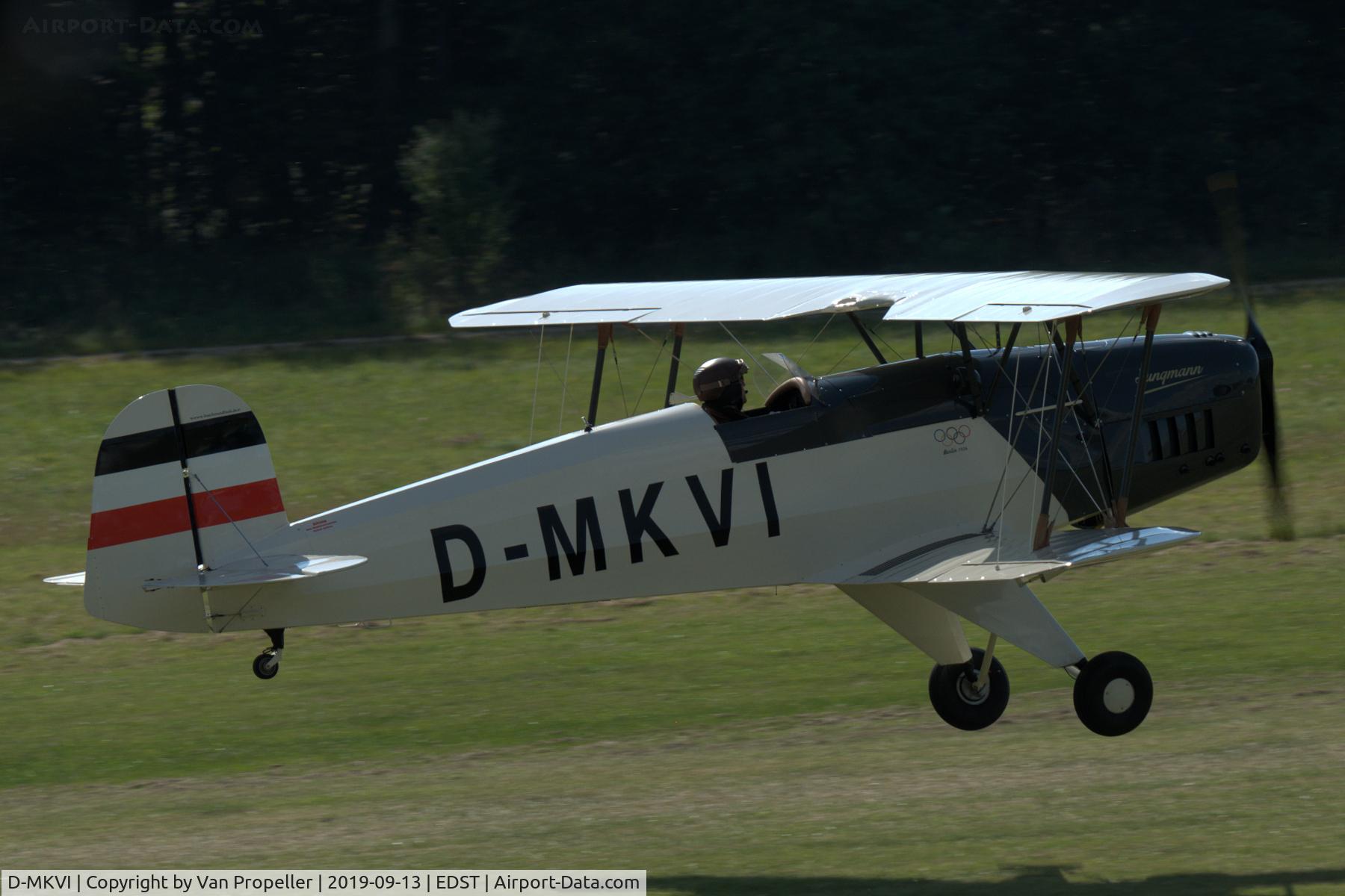 D-MKVI, 2017 B & F Technik FK-131 Jungmann C/N 10, B&F Fk131 Jungmann landing at Hahnweide airfield, Germany. OTT 2019.