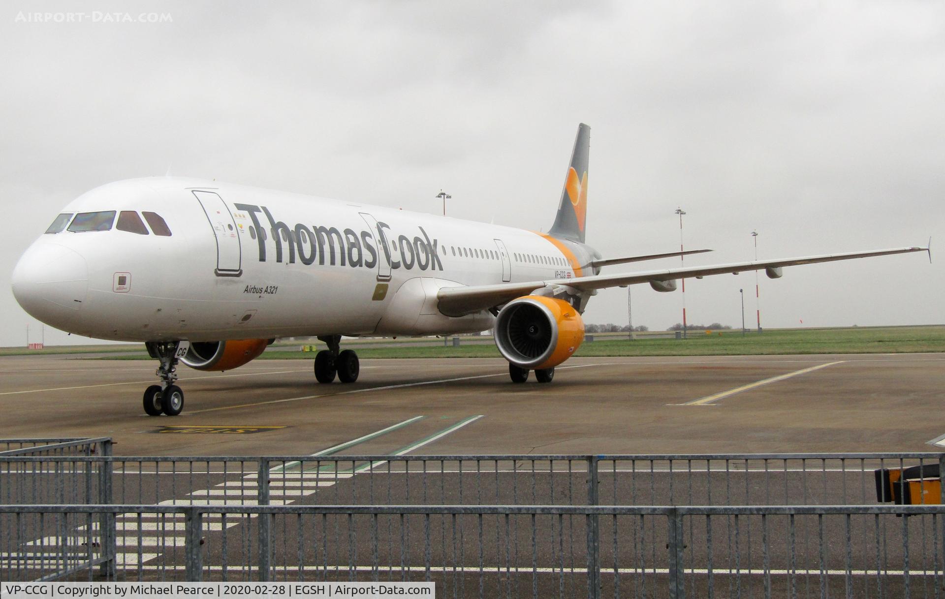 VP-CCG, 2002 Airbus A321-211 C/N 1887, Arriving on Stand 5 from Newquay (NQY) for respray after being on the ground for a few months, following the collapse of Thomas Cook on 23rd September 2019. Formerly G-TCDX.