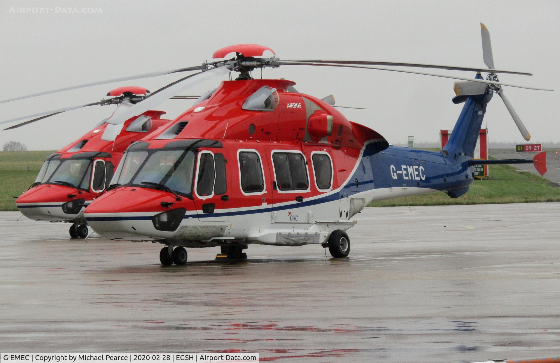 G-EMEC, 2018 Airbus Helicopters EC-175B C/N 5031, Parked on the SaxonAir ramp following arrival from Aberdeen (ABZ), with sistership G-EMEA behind.