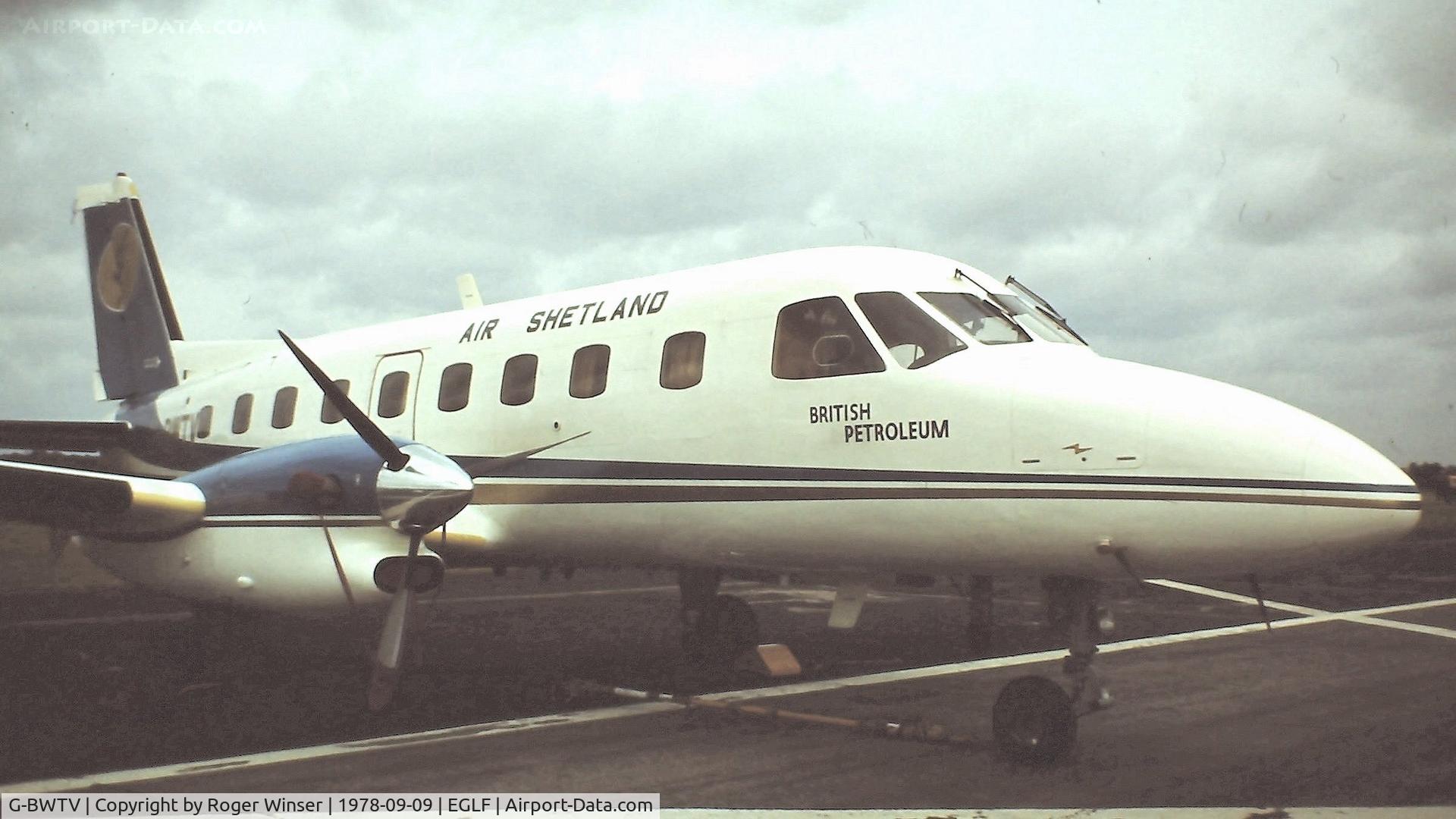 G-BWTV, 1977 Embraer EMB-110P2 Bandeirante C/N 110153, Bandeirante aircraft operated by Air Shetland on display at the 1978 Farnborough Air Show.