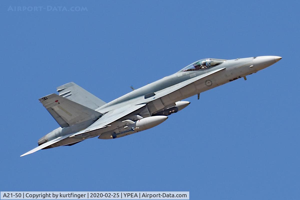 A21-50, 1989 McDonnell Douglas F/A-18A Hornet C/N 0763/AF050, McDonnell FA-18A serial A21-50, 75 sqn YPEA 25/02/2020.