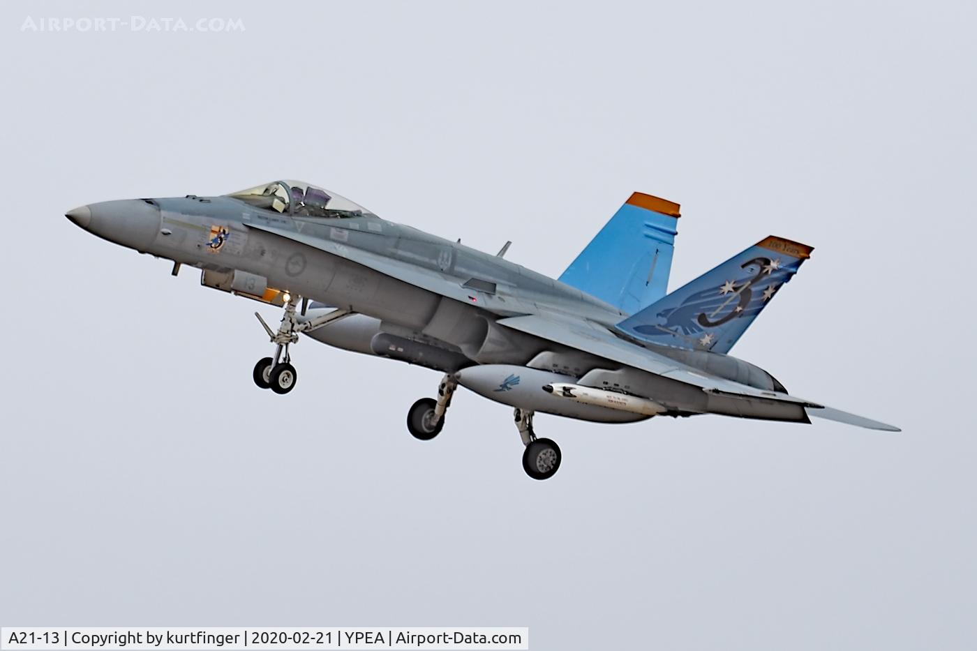 A21-13, McDonnell-Douglass F/A-18A Hornet C/N 345/AF13, McDonnell FA-18A serial A21-13, 3 sqn 100th-anniversary markings flown by 75 sqn. YPEA 25/02/2020