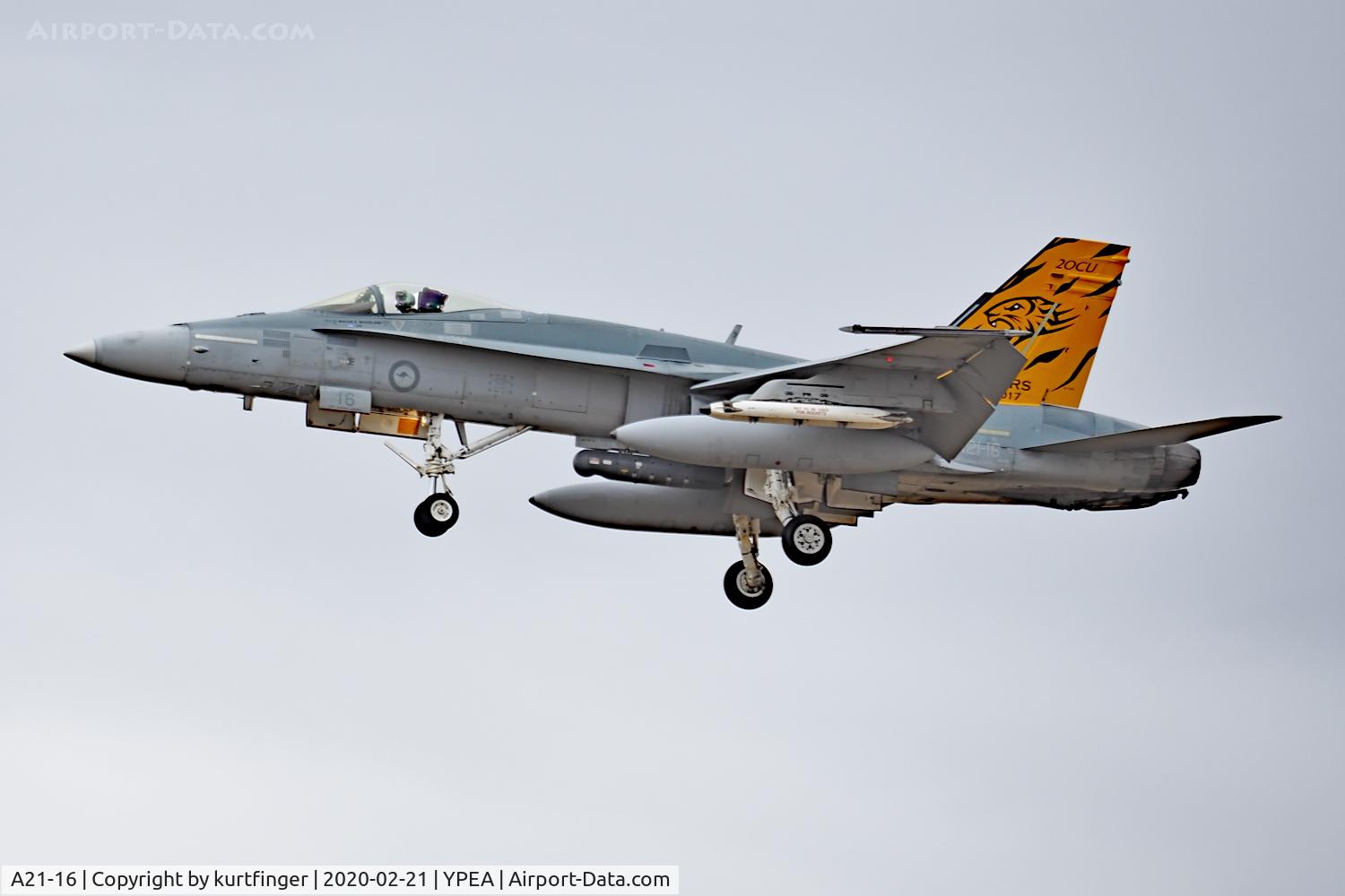 A21-16, 1987 McDonnell Douglas F/A-18A Hornet C/N 0368/AF016, McDonnell FA-18A serial A21-16,  2 OCU 75th anniversary markings flown by 75 sqn YPEA 21/02/2020.