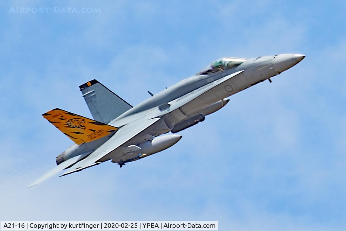 A21-16, 1987 McDonnell Douglas F/A-18A Hornet C/N 0368/AF016, McDonnell FA-18A serial A21-16, 2 OCU 75th anniversary markings flown by 75 sqn YPEA 25/02/2020.