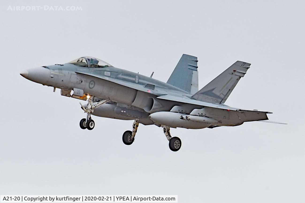 A21-20, 1987 McDonnell Douglas F/A-18A Hornet C/N 462/AF-20, McDonnell FA-18A serial A21-20, 77 sqn markings flying with 75 sqn YPEA 21/02/2020.
