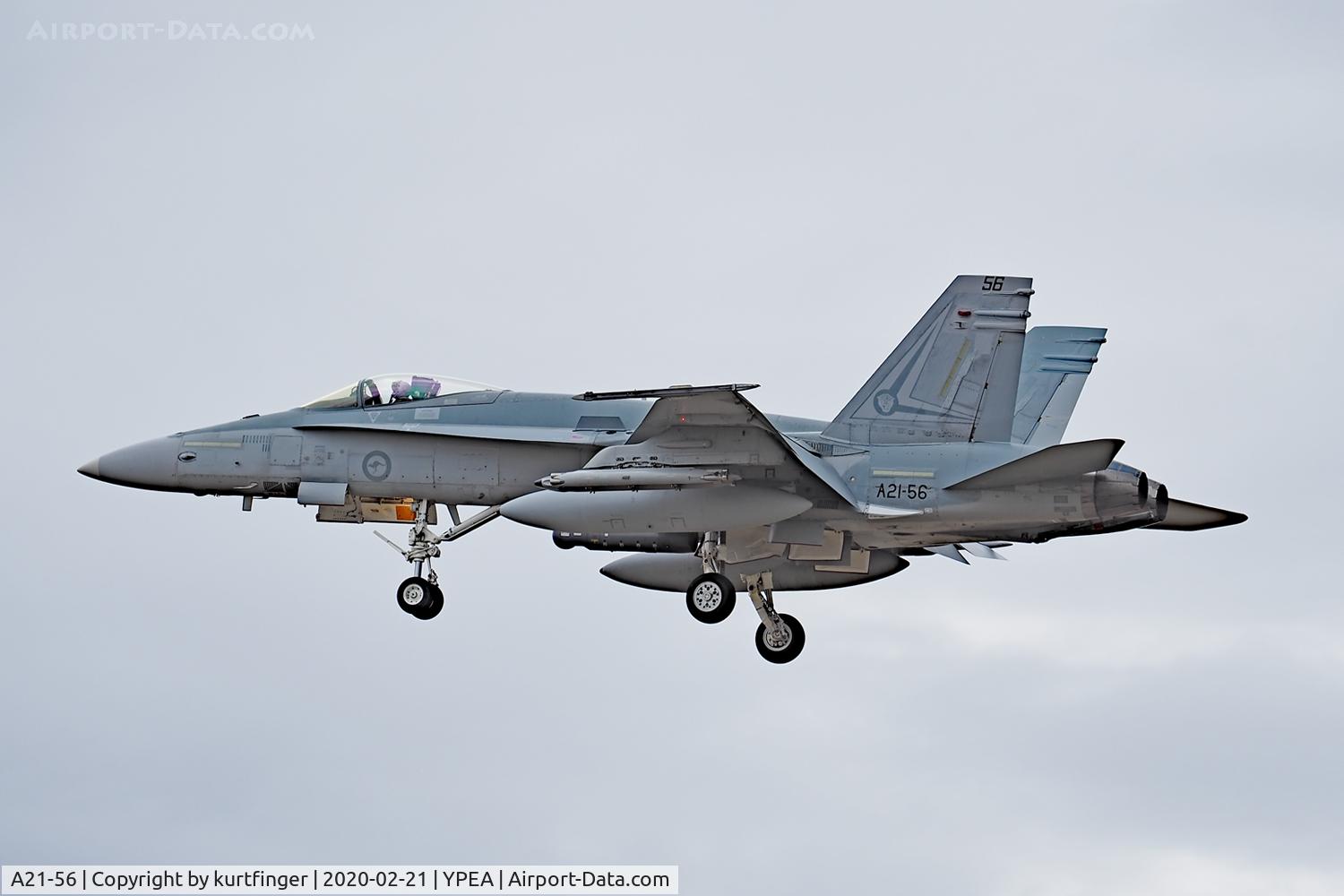 A21-56, 1990 McDonnell Douglas F/A-18A Hornet C/N 824/AF-56, McDonnell FA-18A serial A21-56,  2OCU markings flying with 75 sqn YPEA 21/02/2020.