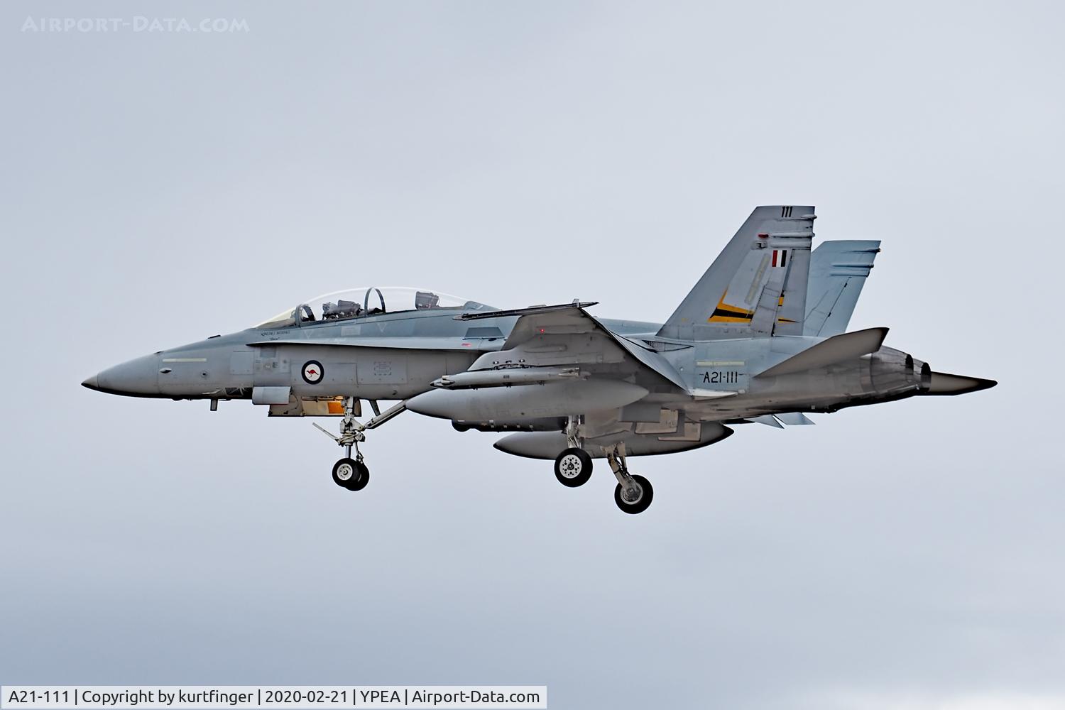 A21-111, McDonnell Douglas F/A-18B Hornet C/N 423/ATF111, McDonnell FA-18B serial A21-111, 75 sqn YPEA 21/02/2020.