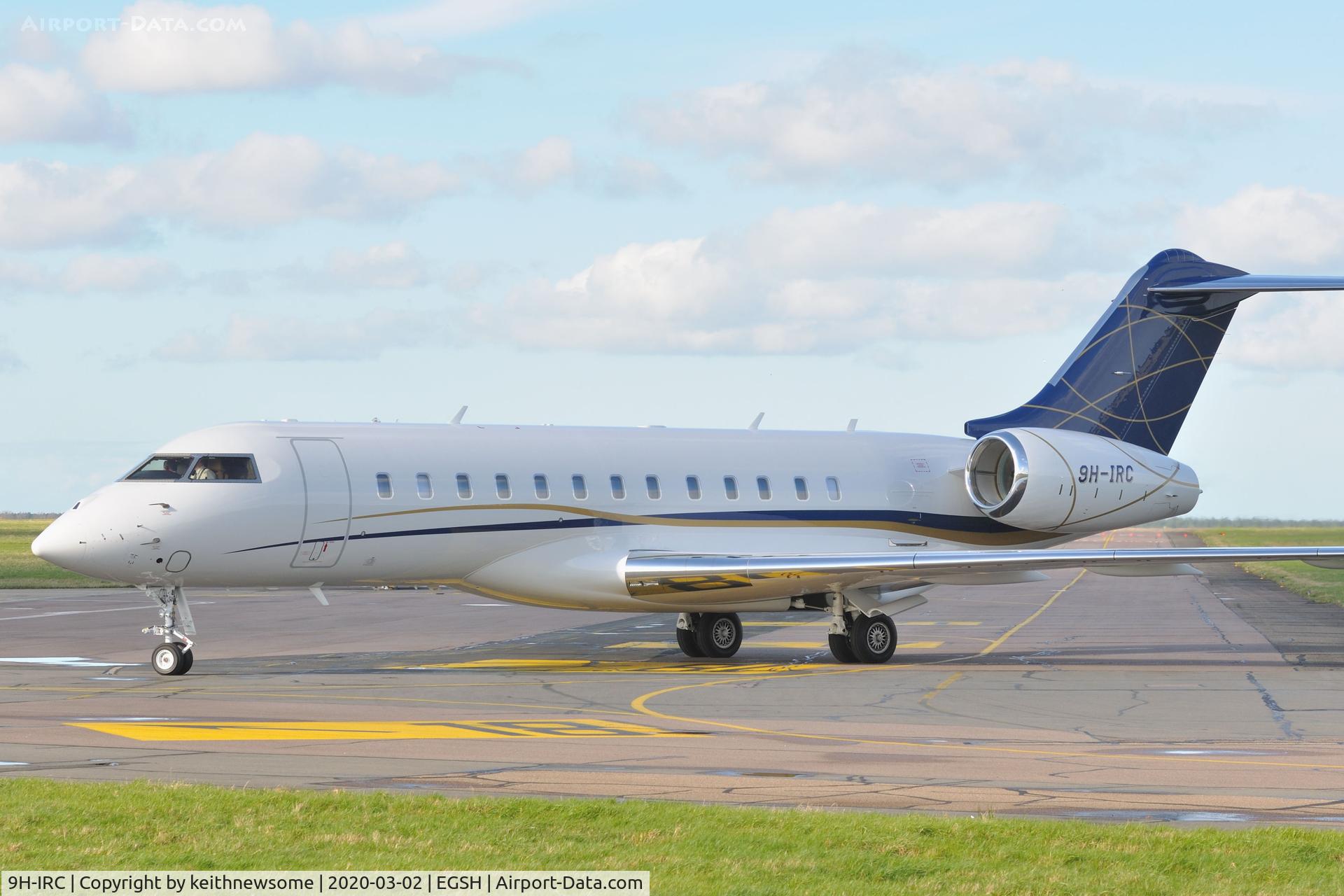 9H-IRC, 2018 Bombardier BD-700-1A10 C/N 9860, Arriving at Norwich from Humberside.