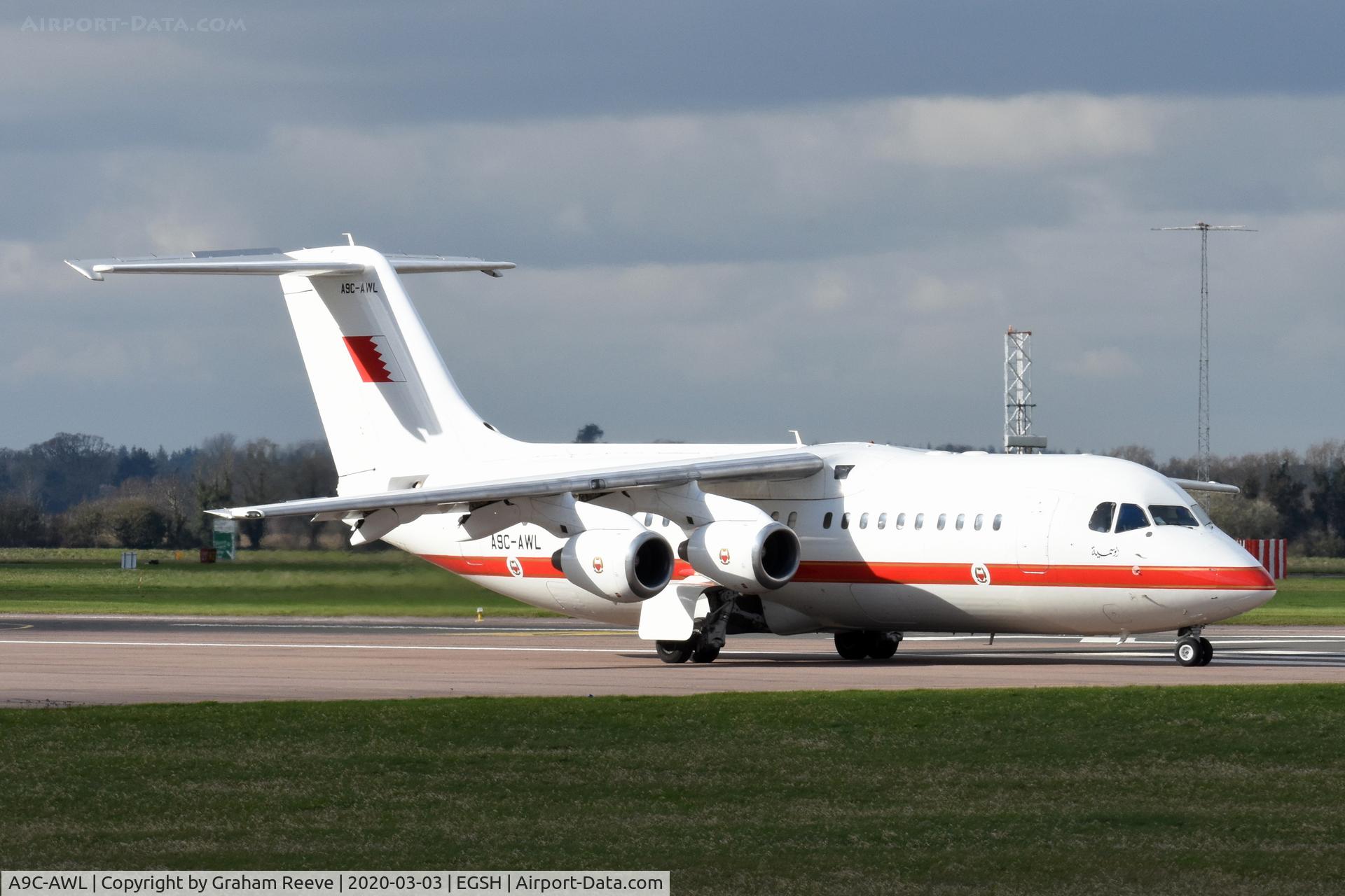 A9C-AWL, 2001 British Aerospace Avro 146-RJ100 C/N E3386, Departing from Norwich.
