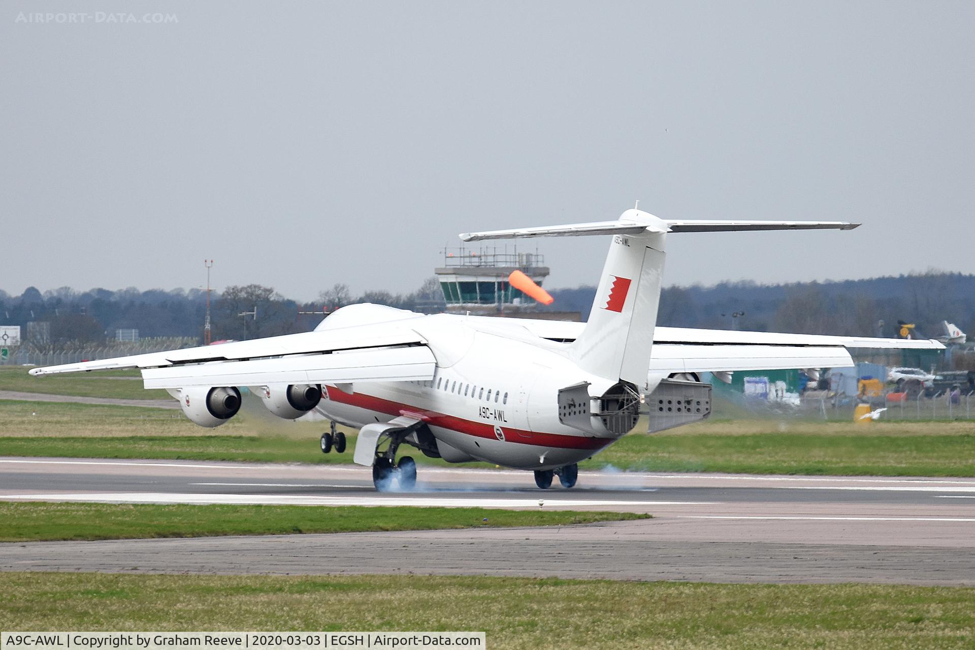 A9C-AWL, 2001 British Aerospace Avro 146-RJ100 C/N E3386, Landing at Norwich.
