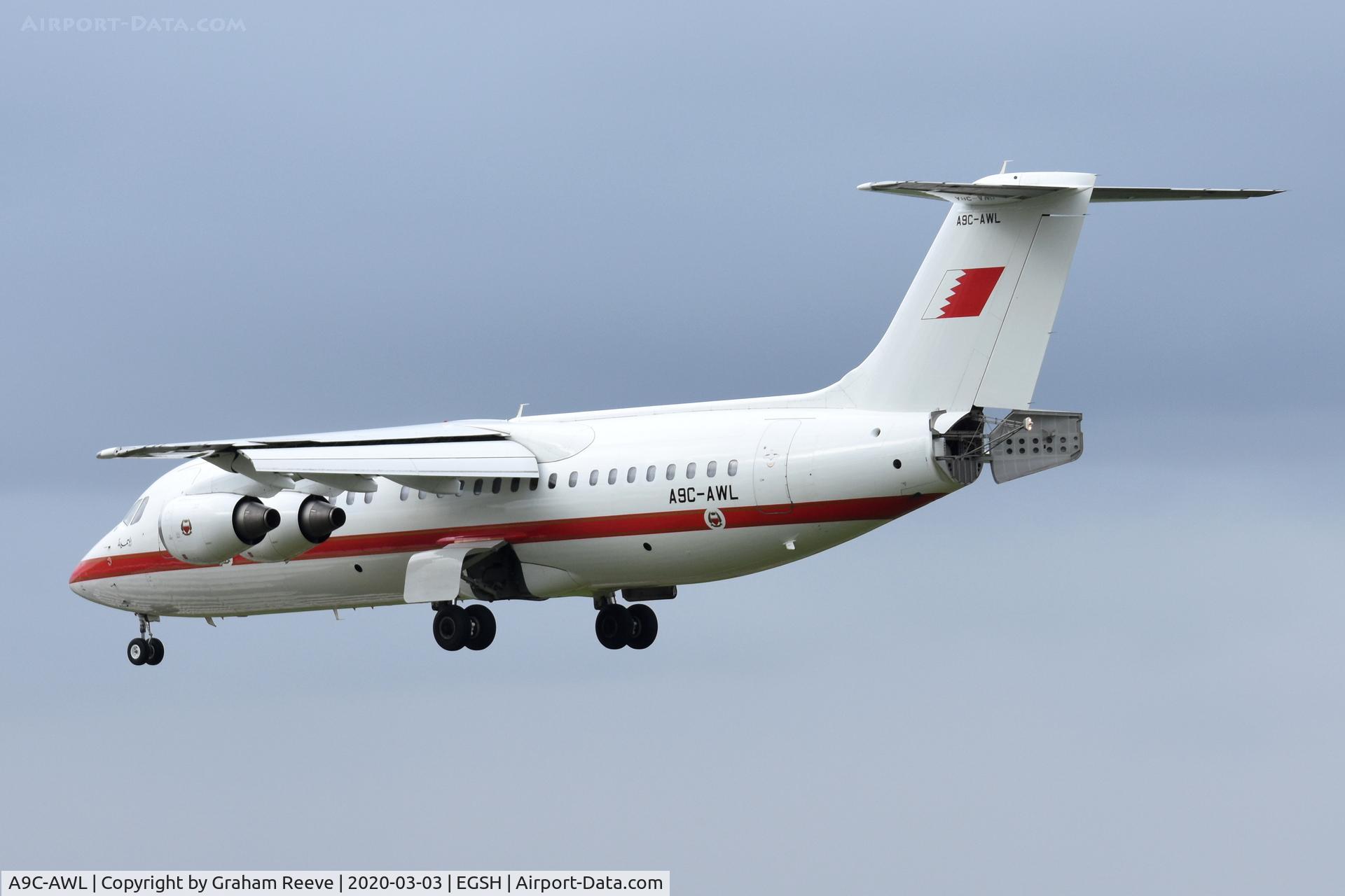 A9C-AWL, 2001 British Aerospace Avro 146-RJ100 C/N E3386, Landing at Norwich.