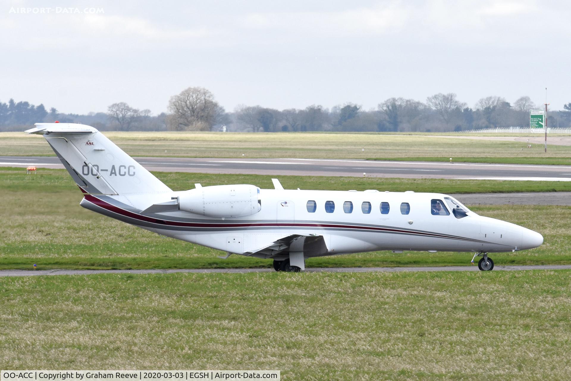OO-ACC, 2008 Cessna 525A CitationJet CJ2+ C/N 525A-0431, Departing from Norwich.