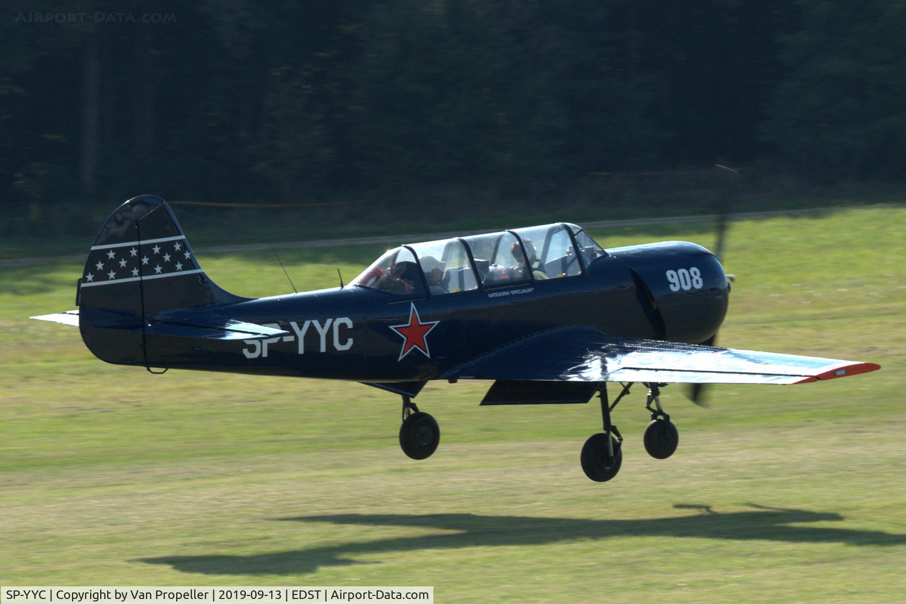 SP-YYC, Yakovlev Yak-52 C/N 832906, Yak-52 landing at Hahnweide airfield, Germany. OTT 2019