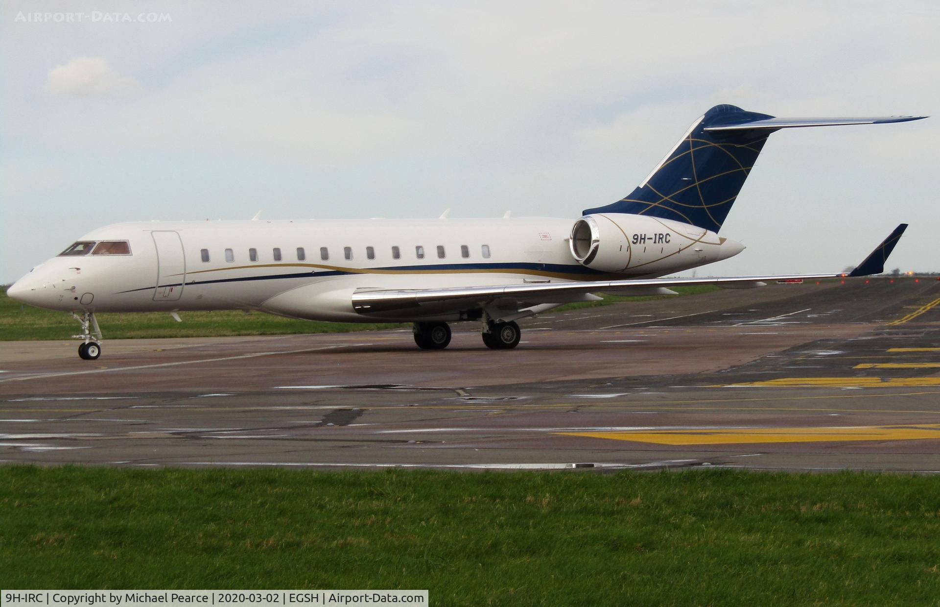 9H-IRC, 2018 Bombardier BD-700-1A10 C/N 9860, Arriving on the SaxonAir ramp from Luton (LTN).