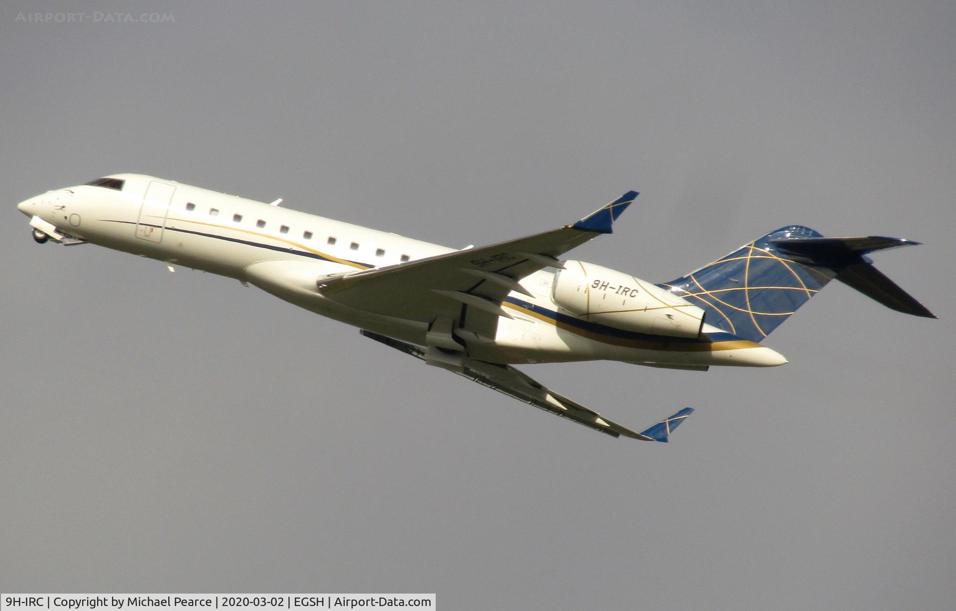 9H-IRC, 2018 Bombardier BD-700-1A10 C/N 9860, Departing RWY 27 to Humberside (HUY).