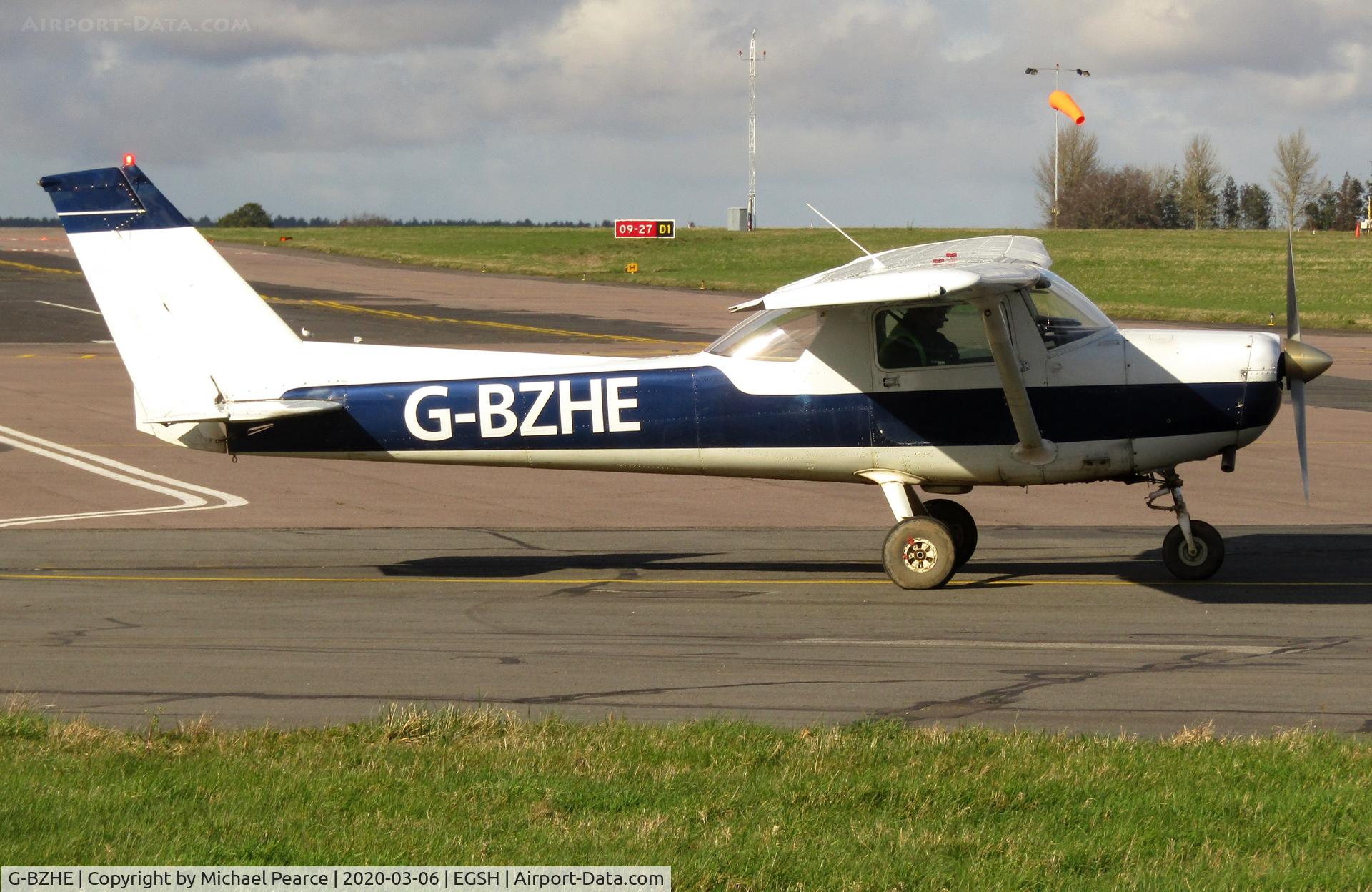 G-BZHE, 1978 Cessna 152 C/N 152-81303, Departing SaxonAir after a visit from Andrewsfield (EGSL).