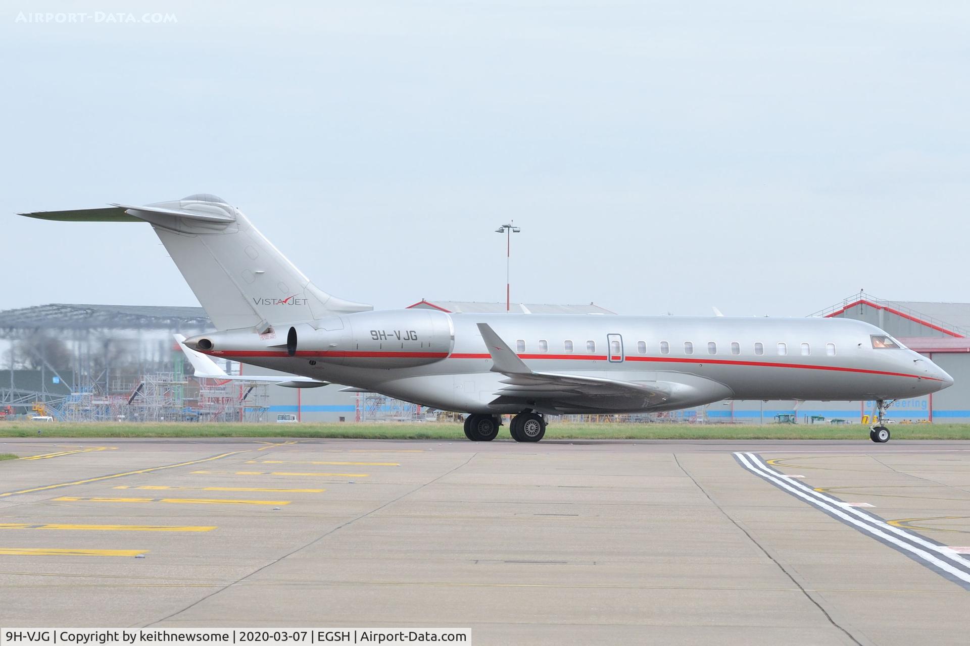 9H-VJG, 2013 Bombardier BD-700-1A10 Global 6000 C/N 9580, Arriving at Norwich from Luton.
