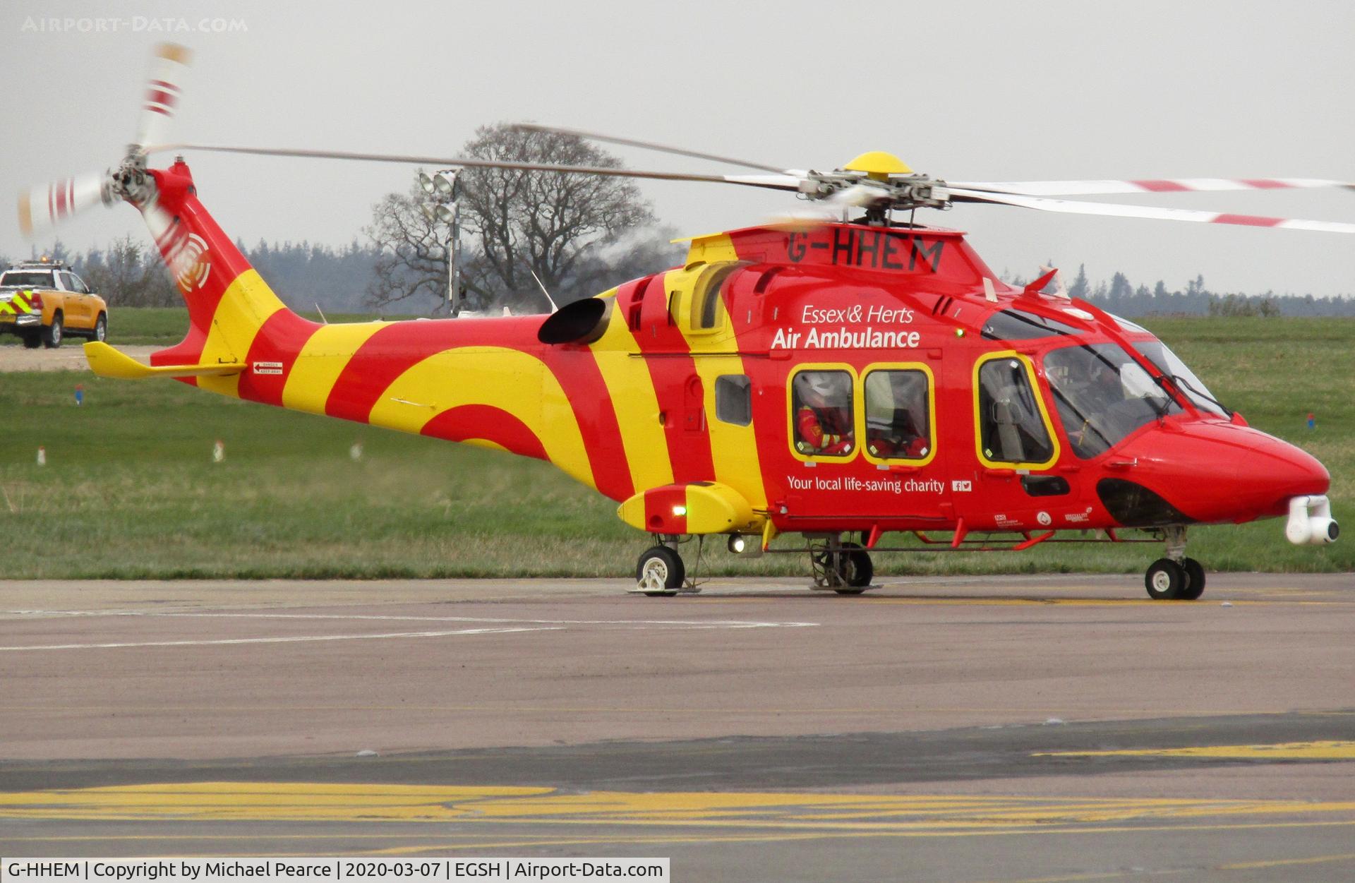 G-HHEM, 2017 Leonardo AW169 C/N 69049, Departing SaxonAir to Earls Colne (EGSR), after picking up the crew of G-EHEM, which went tech.