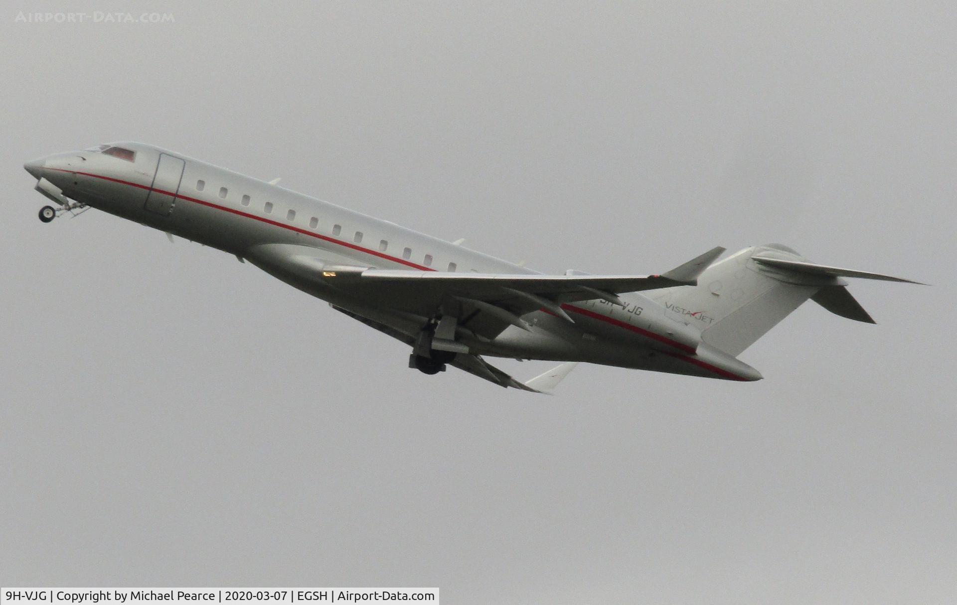 9H-VJG, 2013 Bombardier BD-700-1A10 Global 6000 C/N 9580, Departing RWY 27 for Zurich (ZRH).