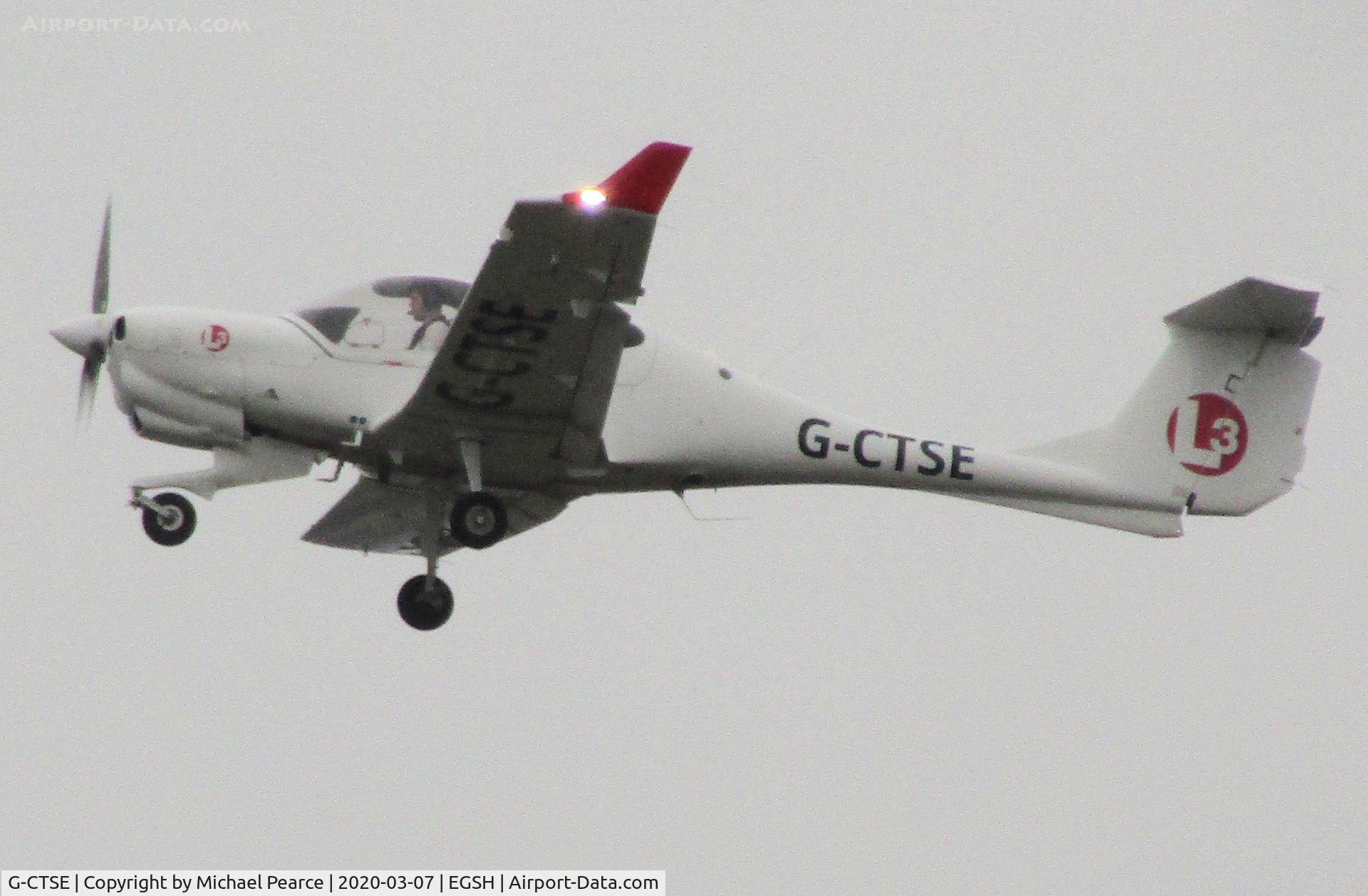 G-CTSE, 2014 Diamond DA-40NG Diamond Star C/N 40.N170, Climbing from a missed approach of RWY 27, on a training visit from Cranfield (EGTC).