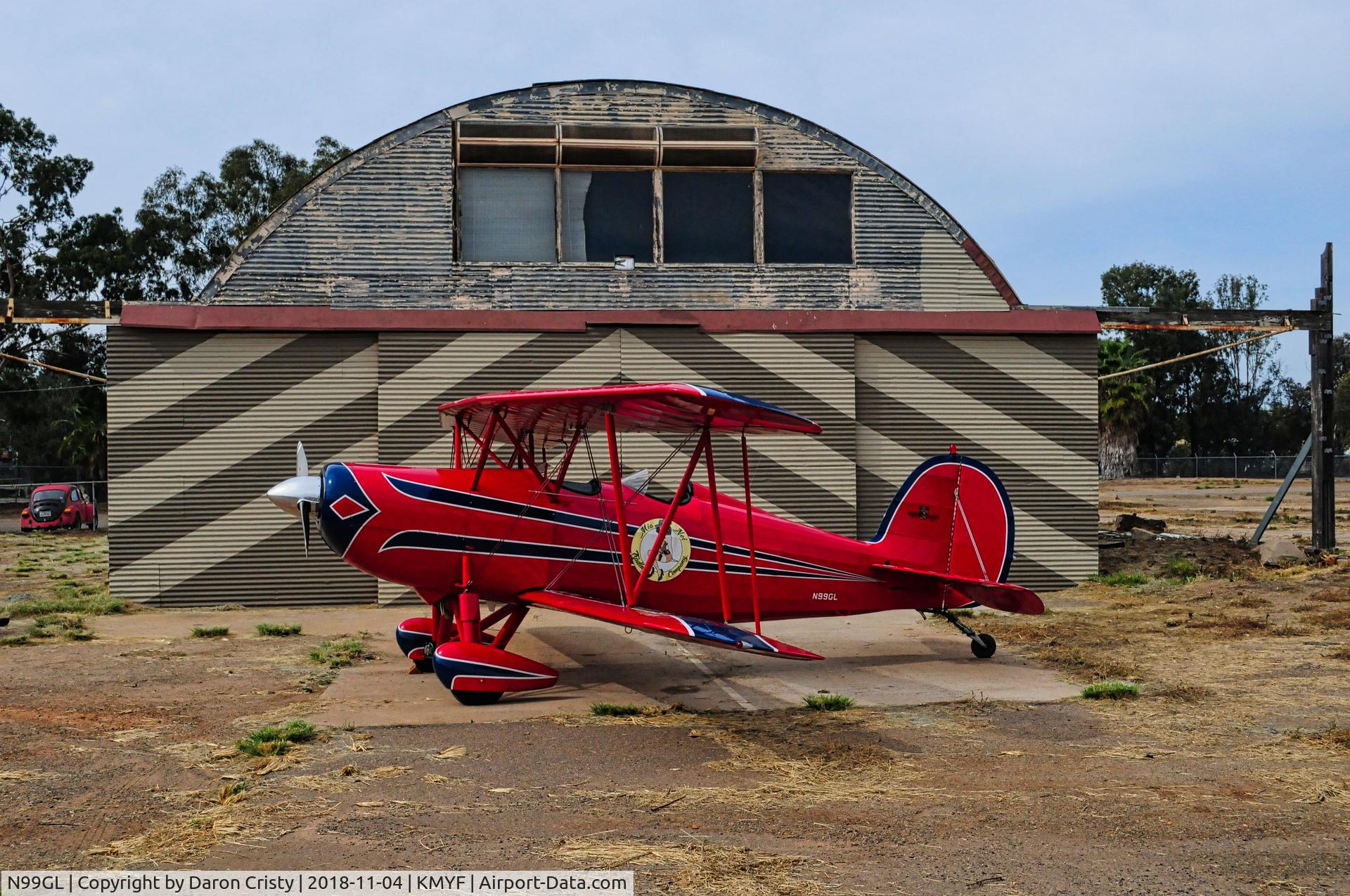 N99GL, 1981 Great Lakes 2T-1A-2 Sport Trainer C/N 1005, Great Lakes Biplane

Also known as Mia Noi

Outside the historic Quonset hangar at Montgomery Field, San Diego