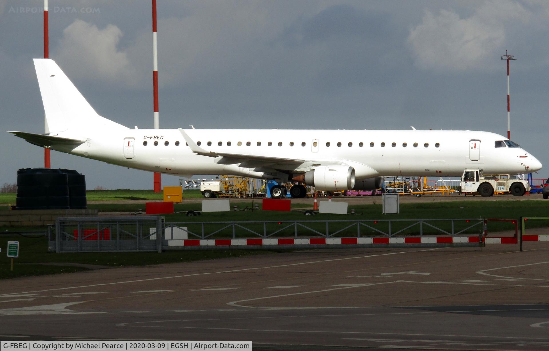 G-FBEG, 2007 Embraer 195LR (ERJ-190-200LR) C/N 19000120, Parked on the Eastern Apron following maintenance work.