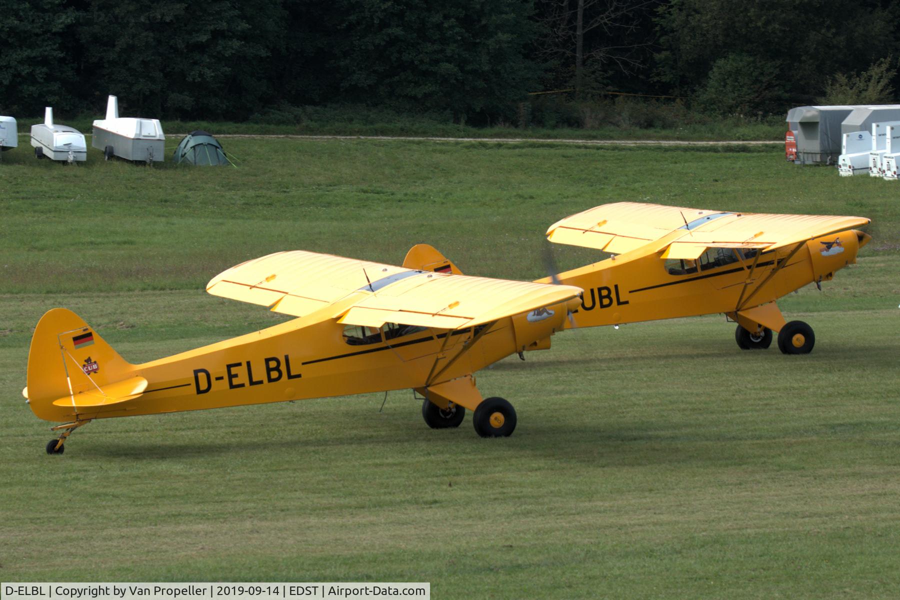 D-ELBL, 1955 Piper PA-18-135 Super Cub Super Cub C/N 18-3944, Piper PA-18-135 Super Cub on runway of Hahnweide airfield, Germany. OTT 2019. Both D-ELBL and D-EUBL are part of the Bravo Lima Formation display team