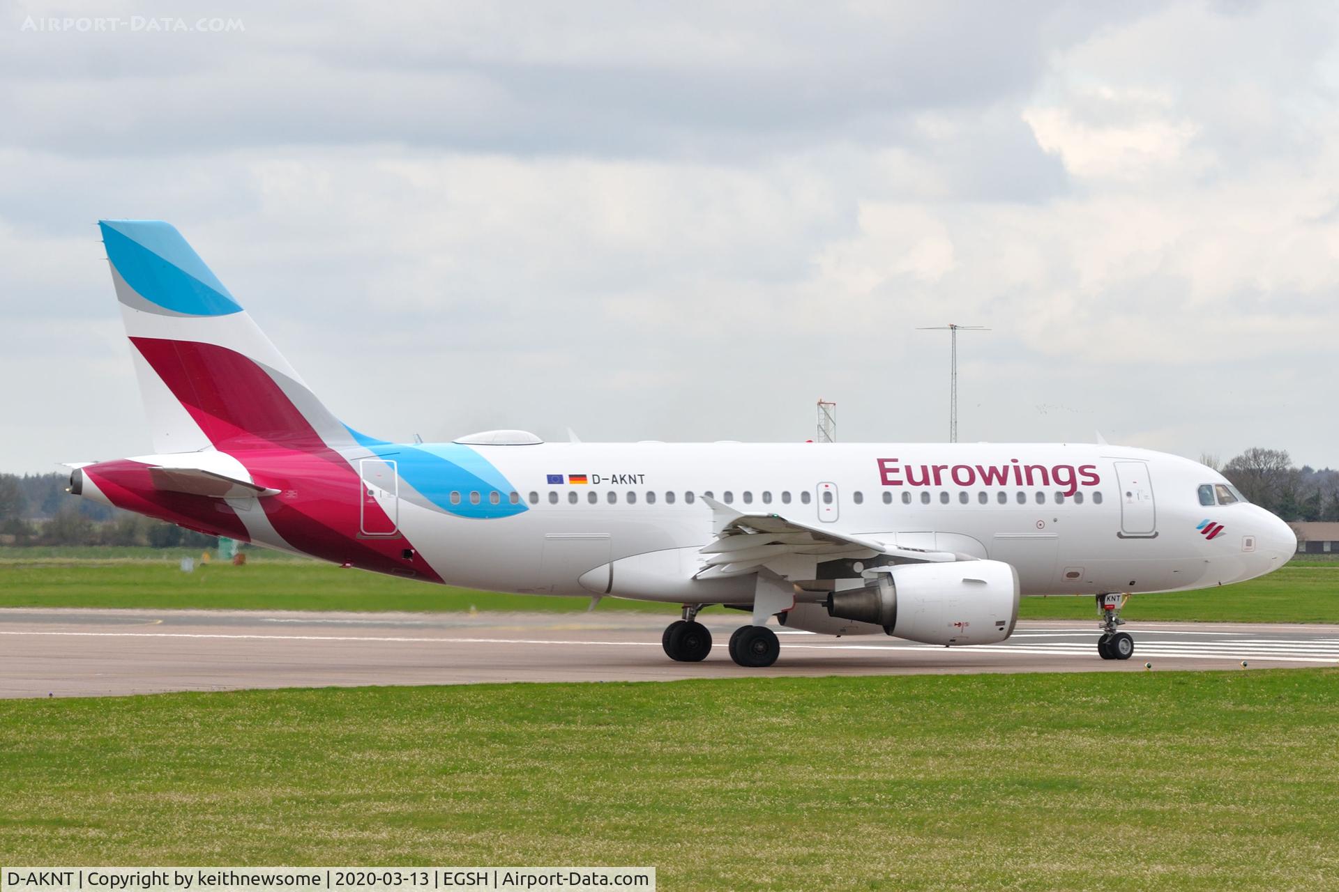 D-AKNT, 2005 Airbus A319-112 C/N 2607, Leaving Norwich for Hamburg following spray to Eurowings colour scheme.