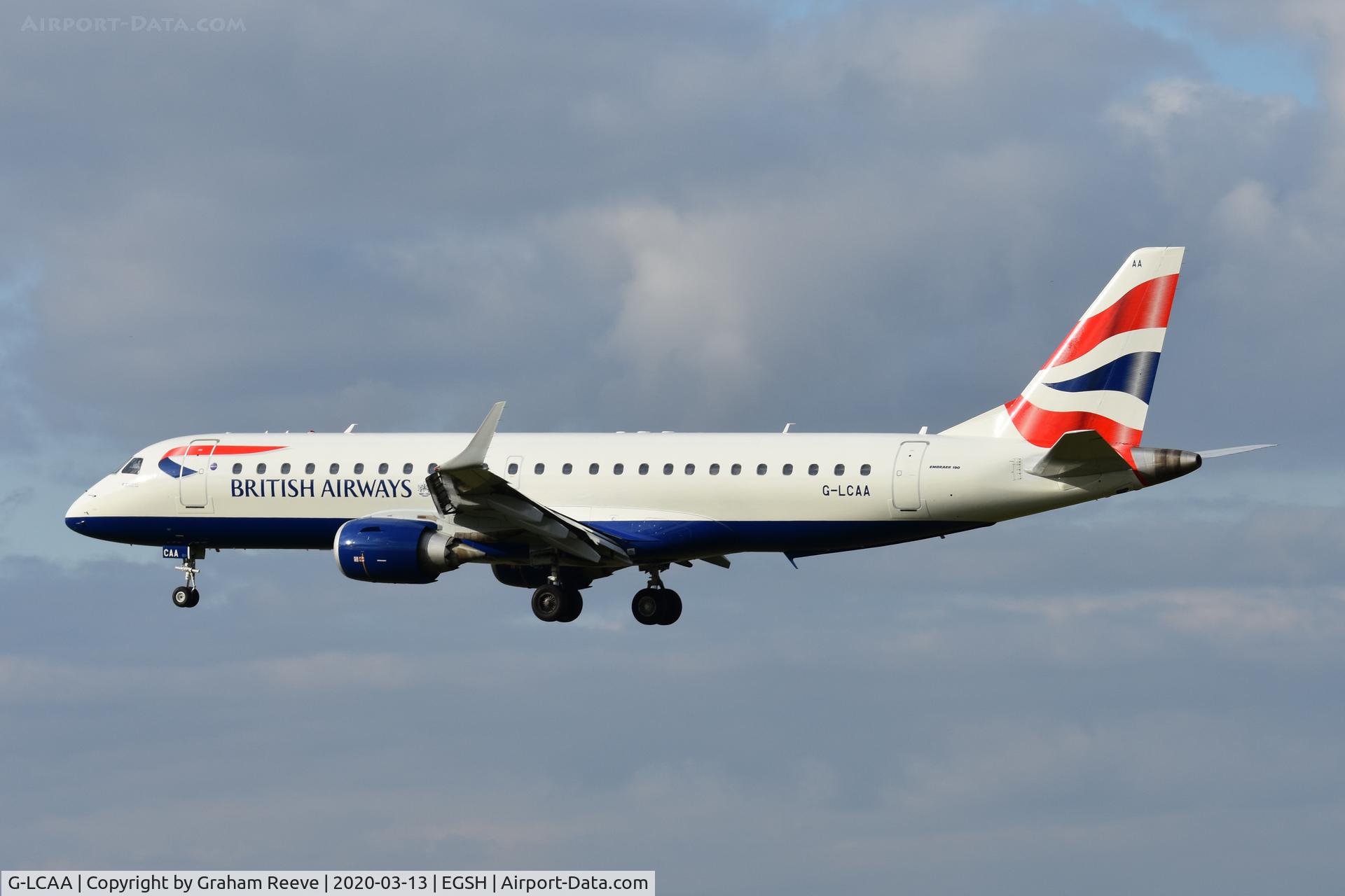 G-LCAA, 2011 Embraer 190LR (ERJ-190-100LR) C/N 19000456, Landing at Norwich.