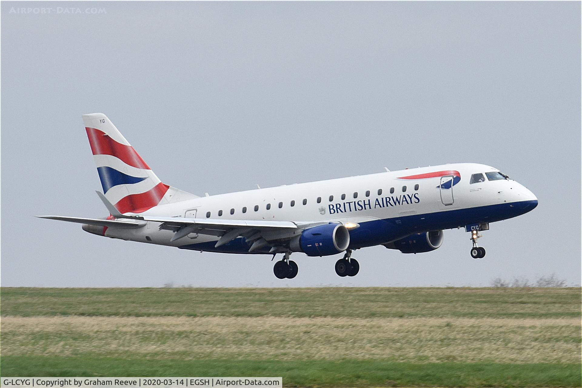 G-LCYG, 2009 Embraer 170STD (ERJ-170-100STD) C/N 17000300, Landing at Norwich.