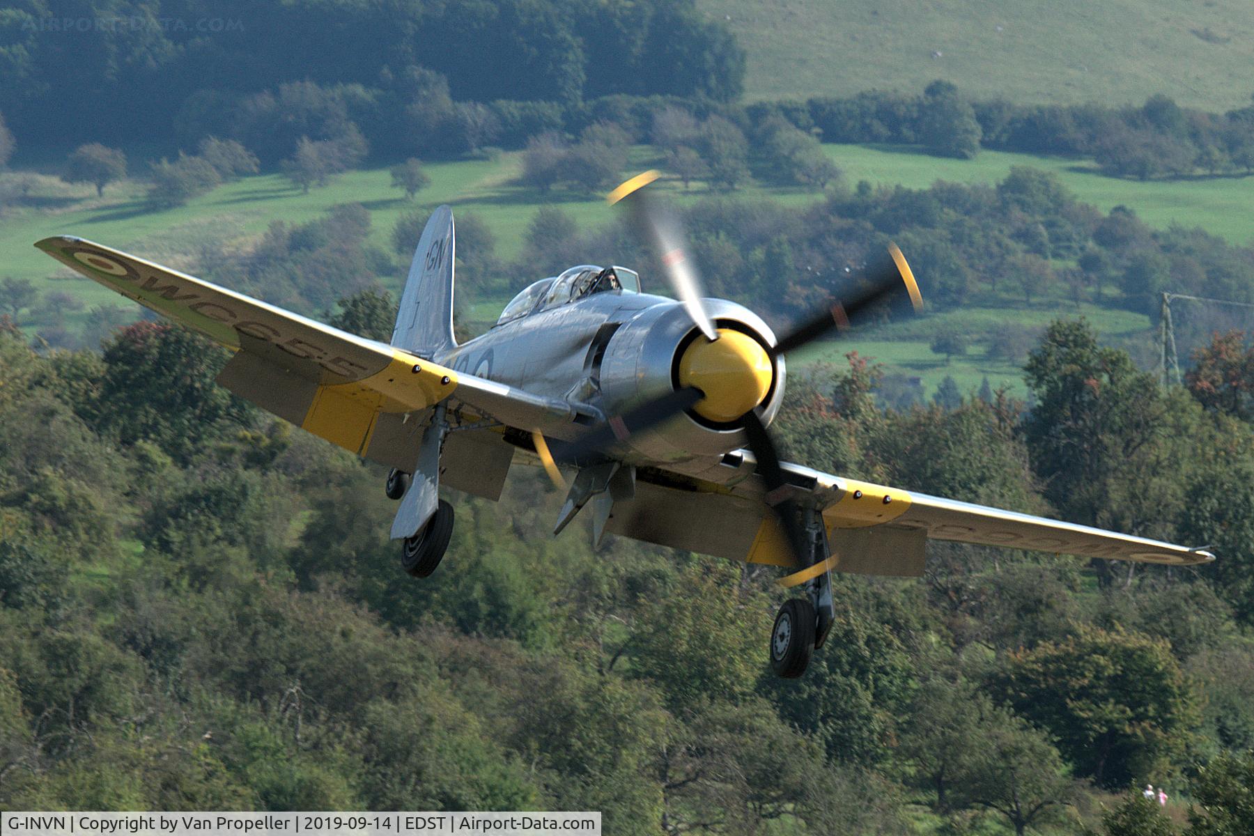 G-INVN, 1952 Hawker Sea Fury T.20 C/N 41H/636070, Hawker Sea Fury T.Mk.20 approaching to land at Hahnweide airfield, Germany. OTT 2019